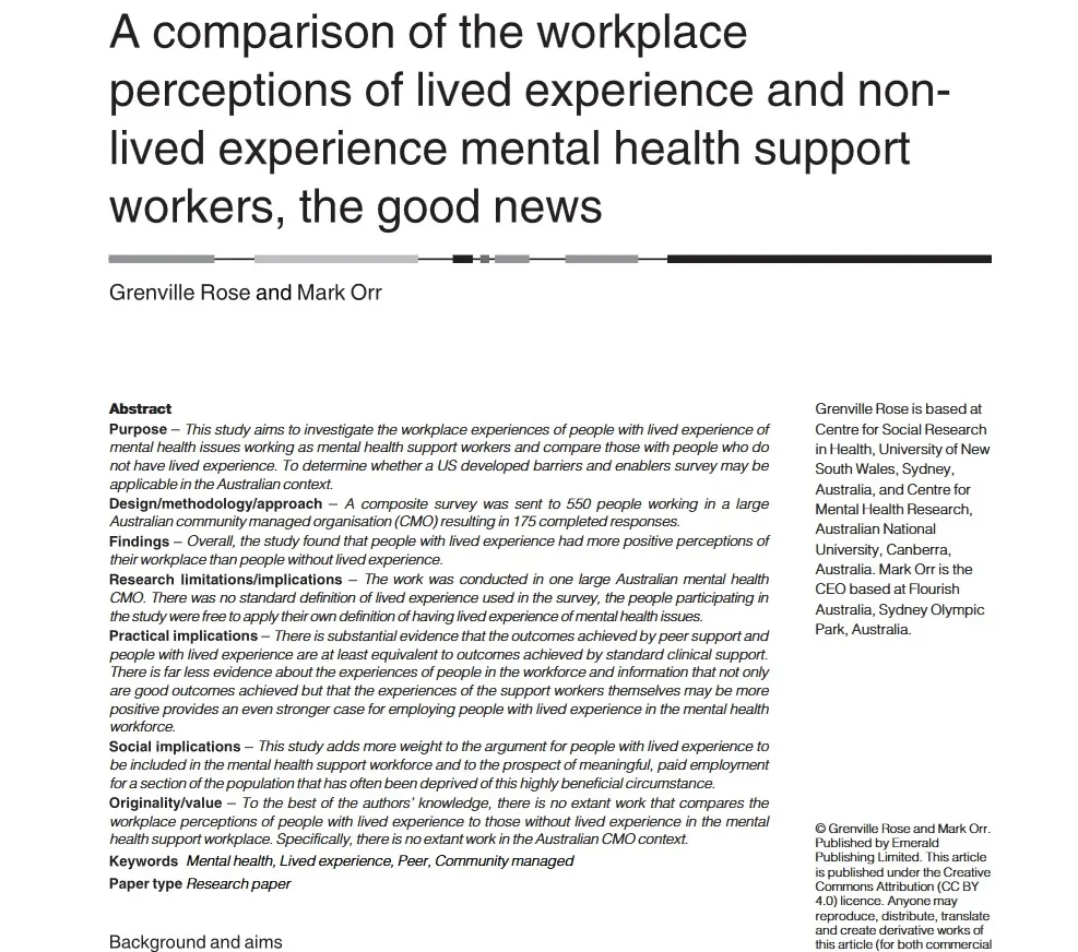 Text excerpt of a research paper comparing workplace perceptions of lived and non-lived experience mental health workers.