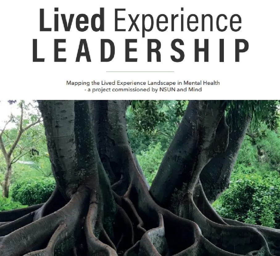Book cover with large tree roots and title Lived Experience Leadership in bold black text