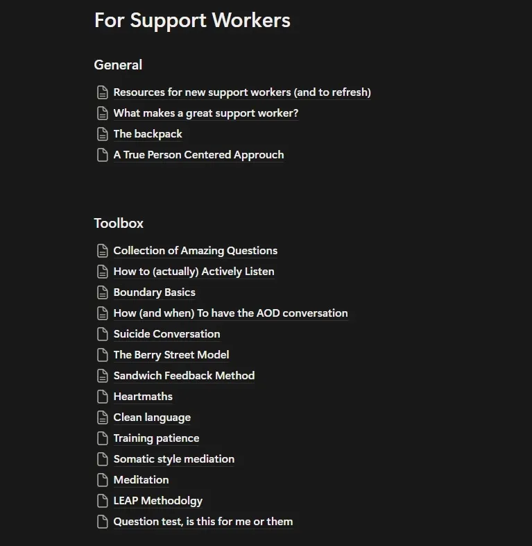 List of resources and toolbox items for support workers, including communication and meditation guides.