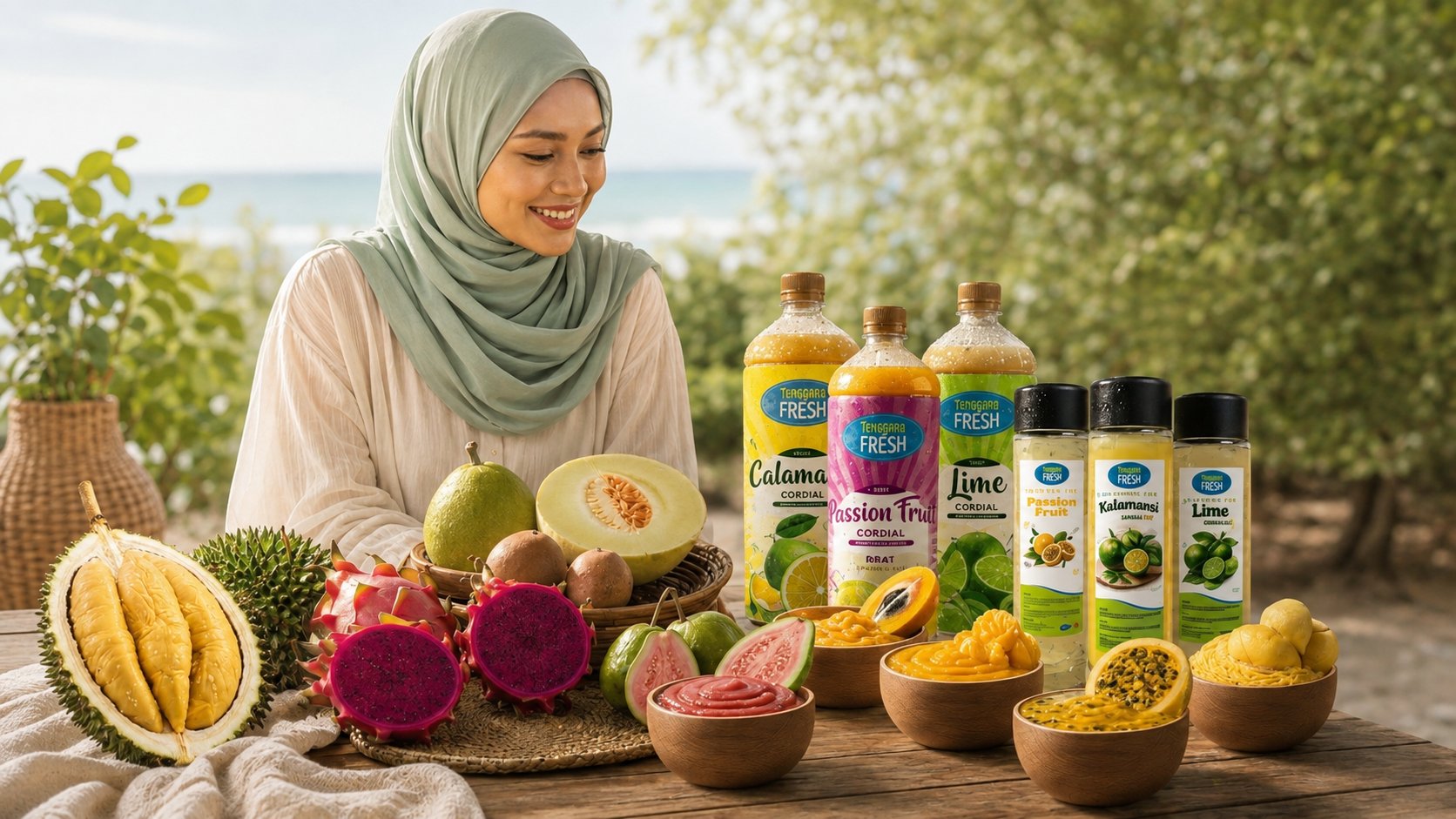 Woman smiling beside fresh tropical fruit and Tenggara Fresh cordial and juice bottles