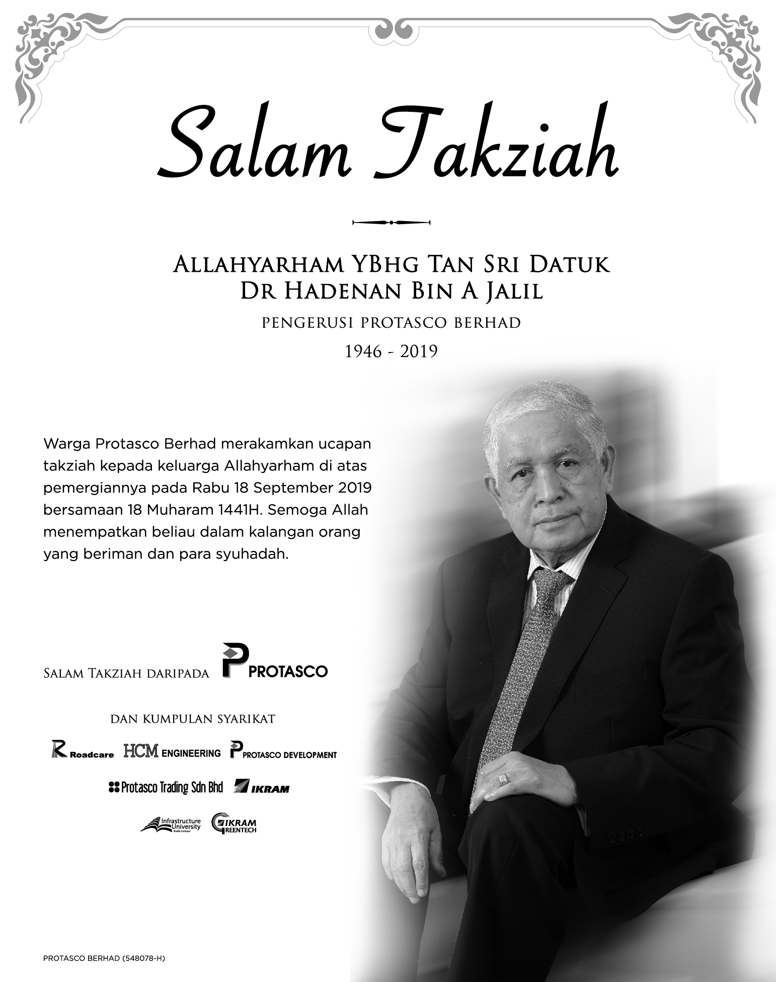 Protasco Active photograph: Protasco's Announcement on the Passing of Tan Sri Datuk Dr Hadenan Bin a Jalil, Company Chairman