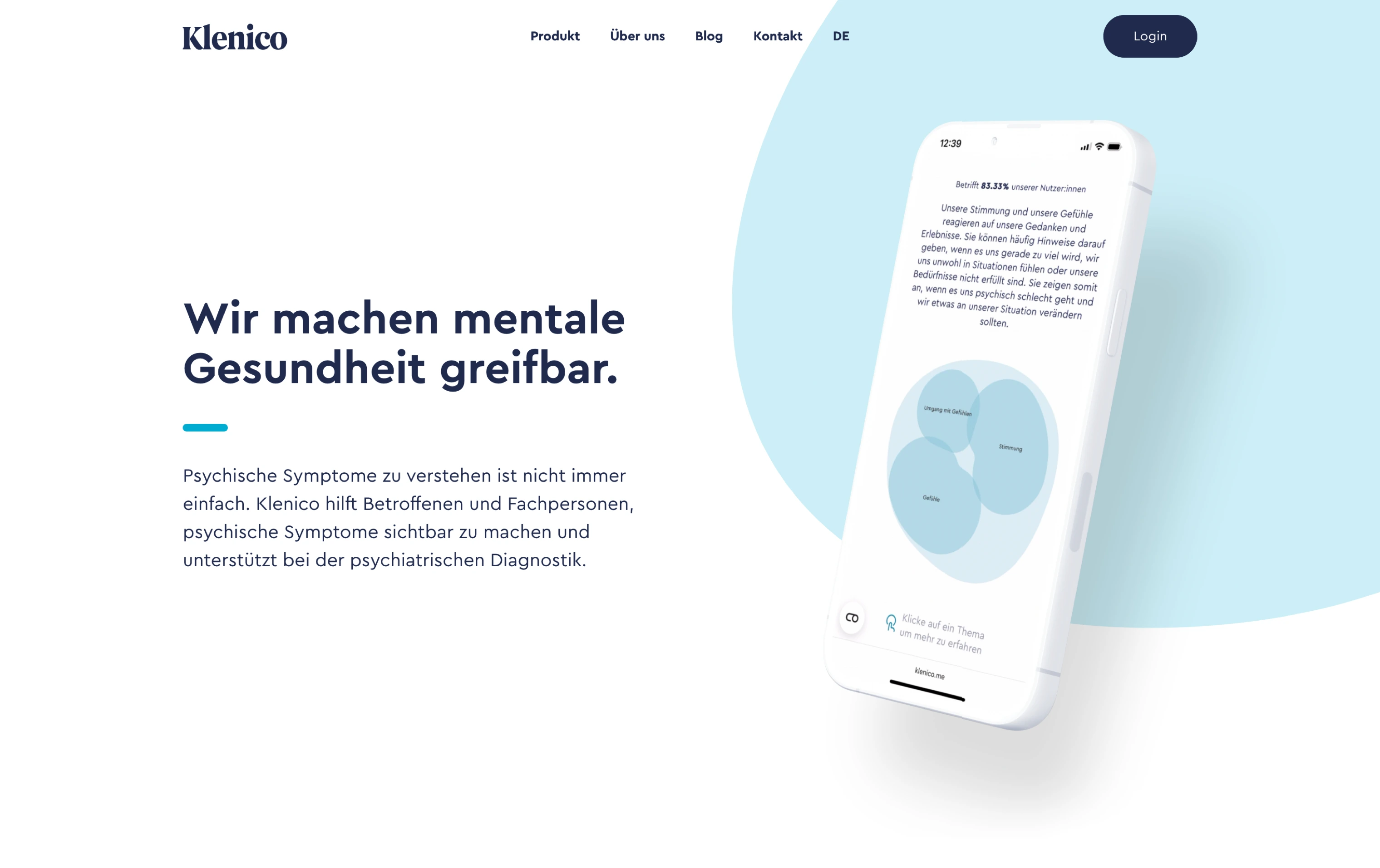 Homepage of Klenico showing slogan about making mental health tangible, with a smartphone displaying an app interface related to psychological symptoms.