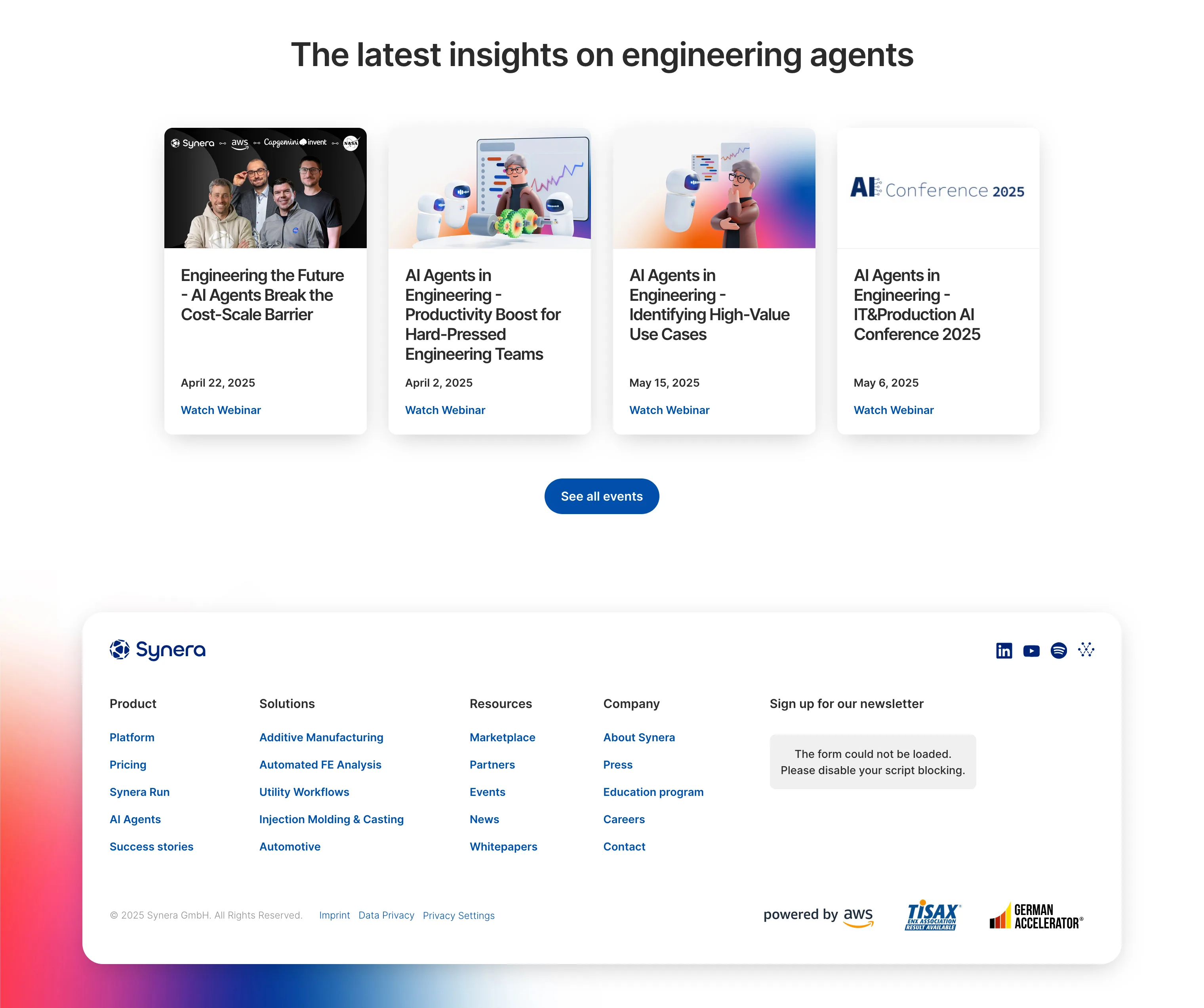 A webpage section titled 'The latest insights on engineering agents' showing four webinar event cards with dates and 'Watch Webinar' links, followed by a footer with company links, social icons, and partner logos.
