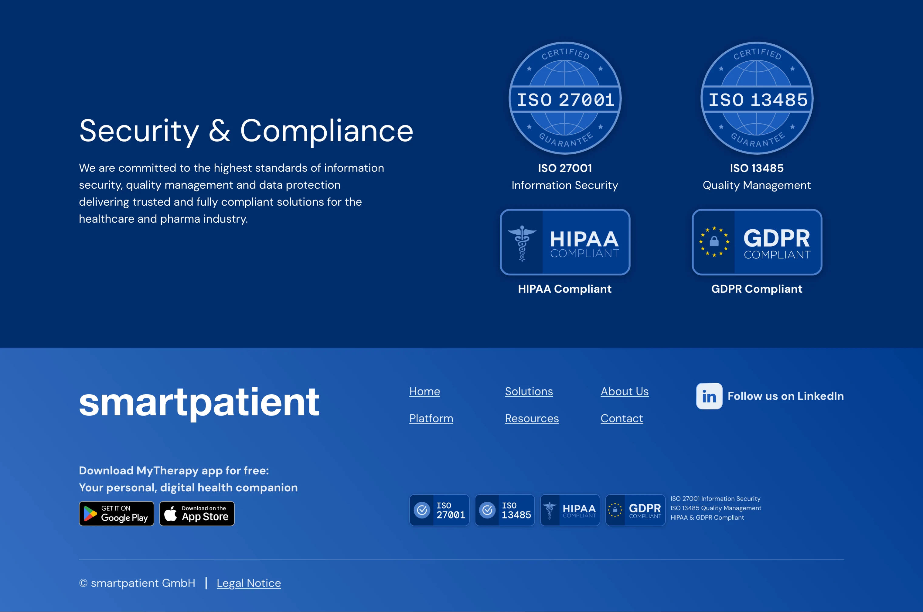Smartpatient Security & Compliance section showcasing ISO 27001, ISO 13485, HIPAA, and GDPR certifications with app download options and website footer links.