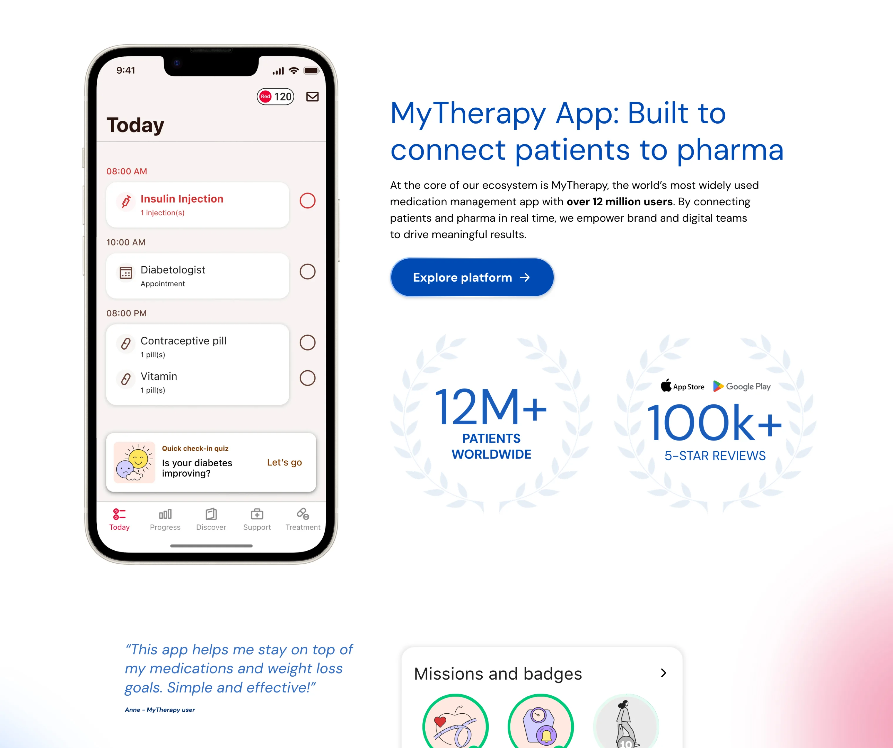 Smartphone displaying a medication management app with daily tasks including insulin injection, diabetologist appointment, and pill reminders, alongside app highlights of 12M+ patients worldwide and 100k+ 5-star reviews.