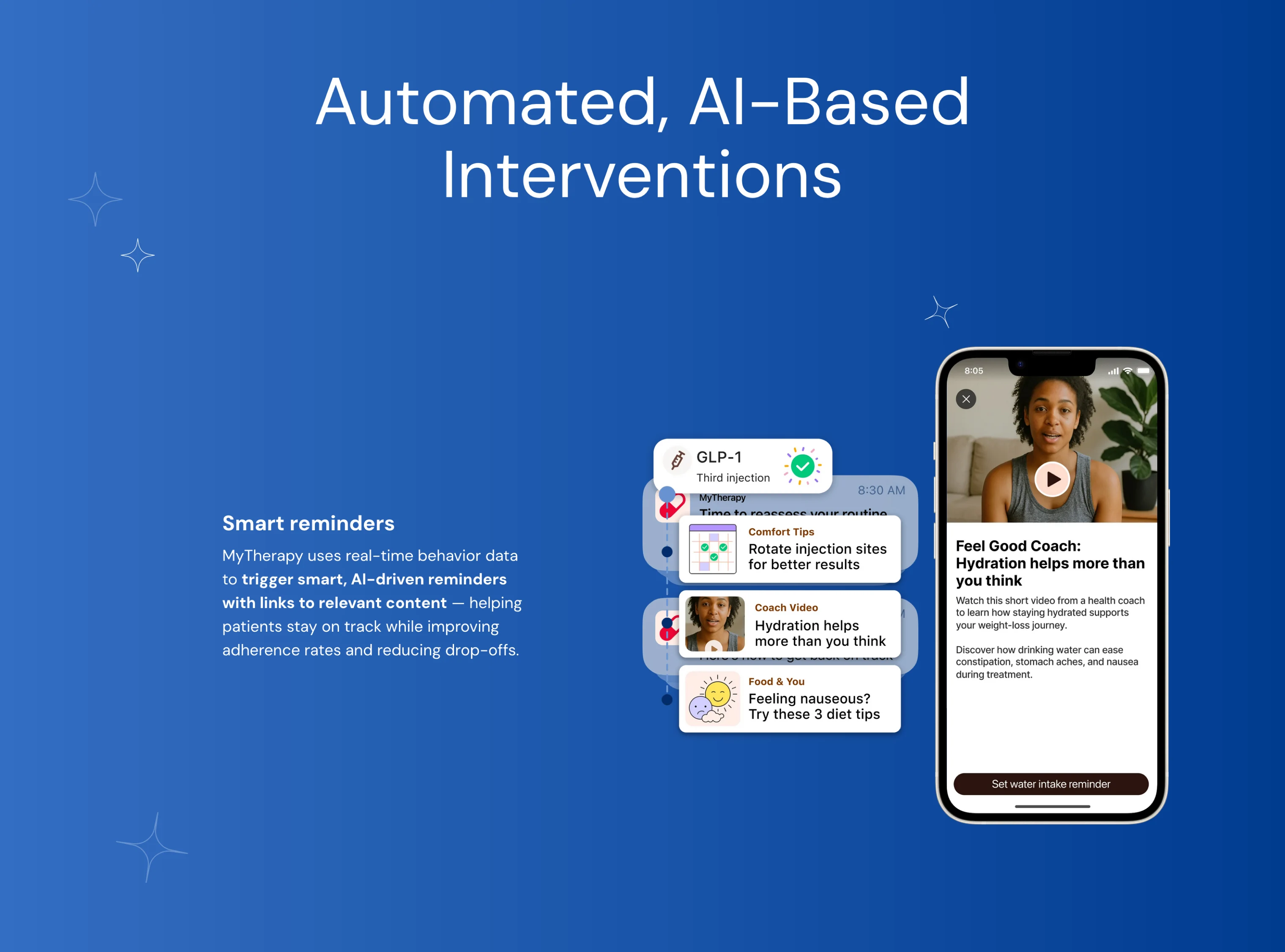 Smartphone screen showing AI-based health reminders including injection tips, hydration coaching video, and diet advice with a woman coach speaking in the video thumbnail.