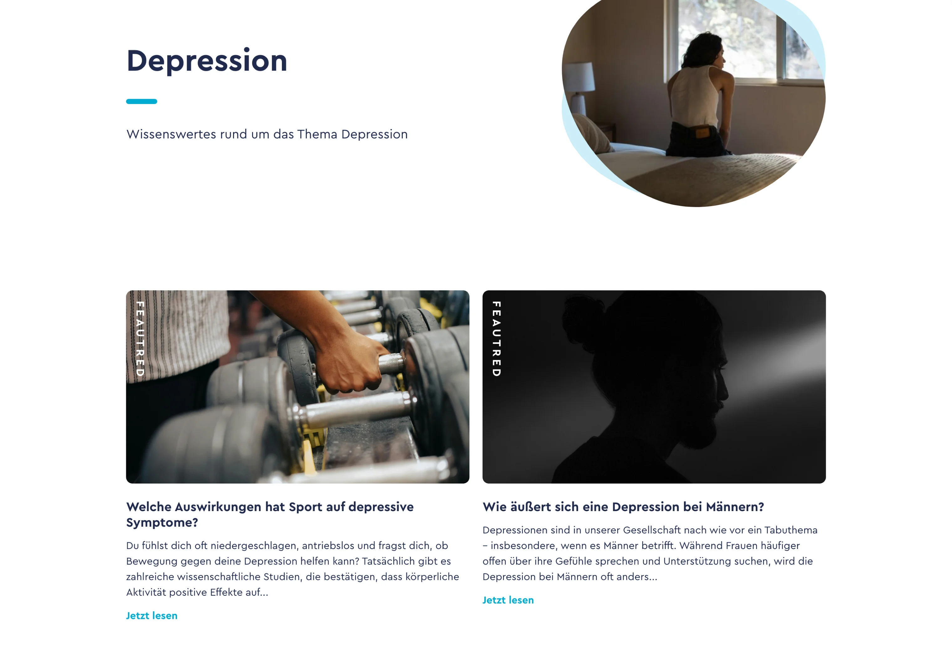 Webpage section about depression featuring a woman sitting on a bed by a window, a hand picking up a dumbbell, and a side silhouette of a man with a bun in low light.