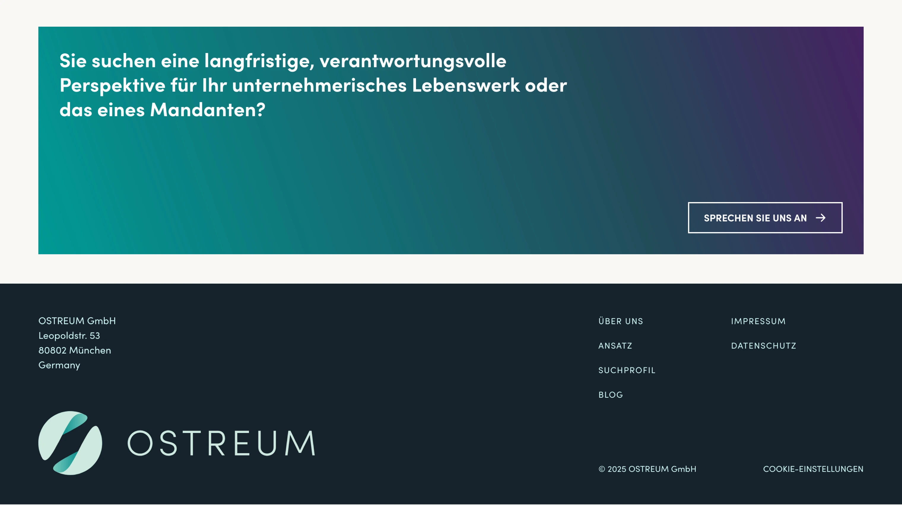 Website footer with the company name OSTREUM, contact address in Munich, navigation links, and a German call-to-action banner.