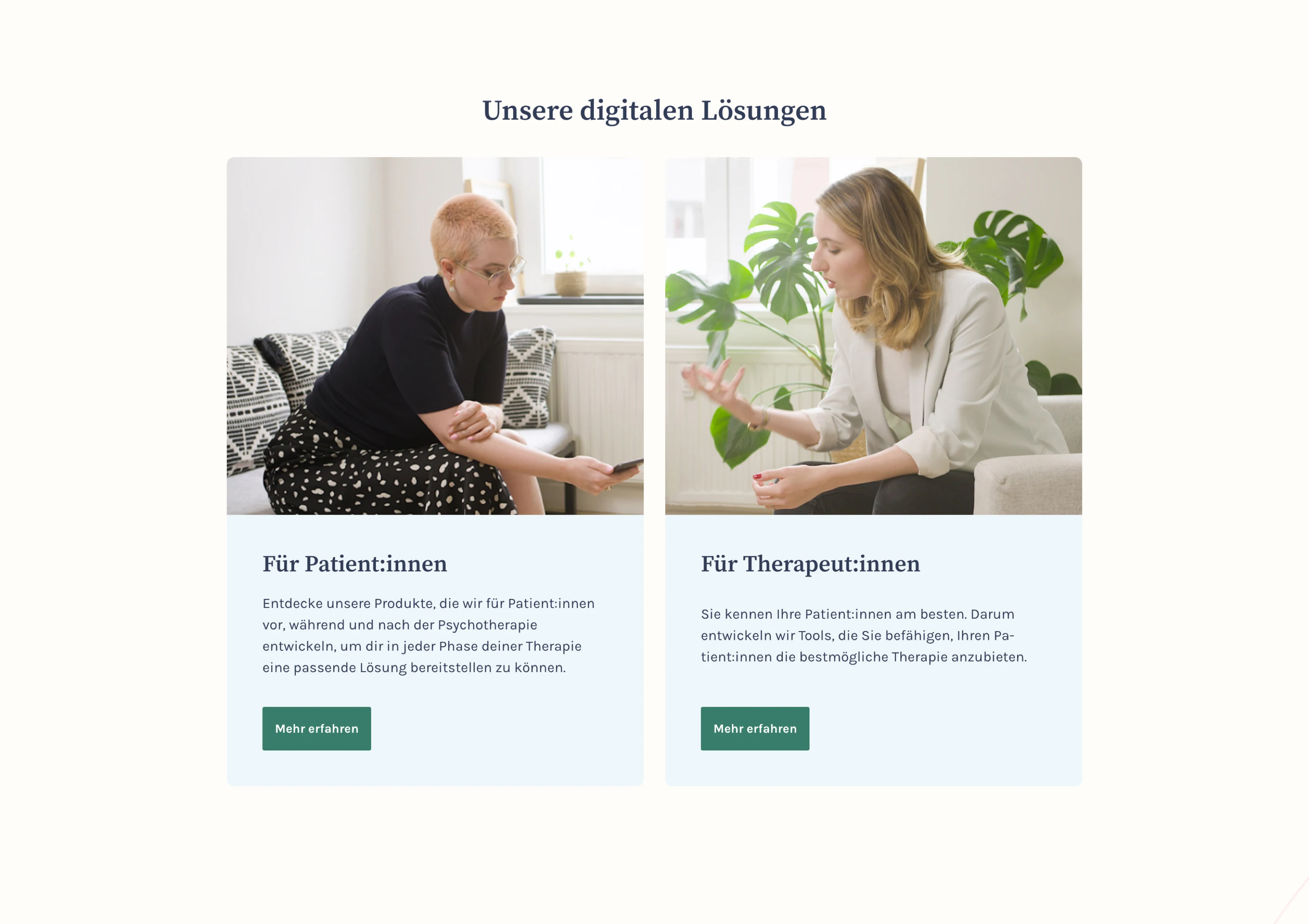 Two sections labeled 'Für Patient:innen' and 'Für Therapeut:innen' with images of a person sitting on a couch using a smartphone and another person gesturing while talking, each accompanied by descriptive text and a green 'Mehr erfahren' button.