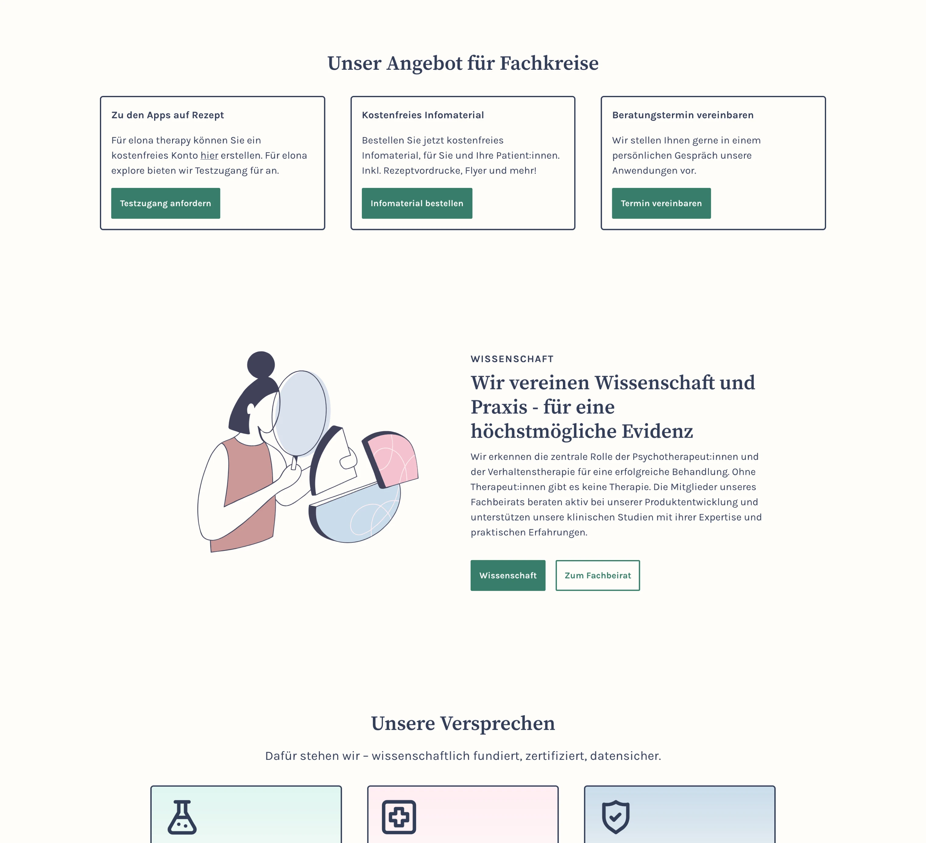 German webpage section offering professional resources with three call-to-action boxes, an illustration of a person examining pie chart segments, and a text about combining science and practice for high evidence.