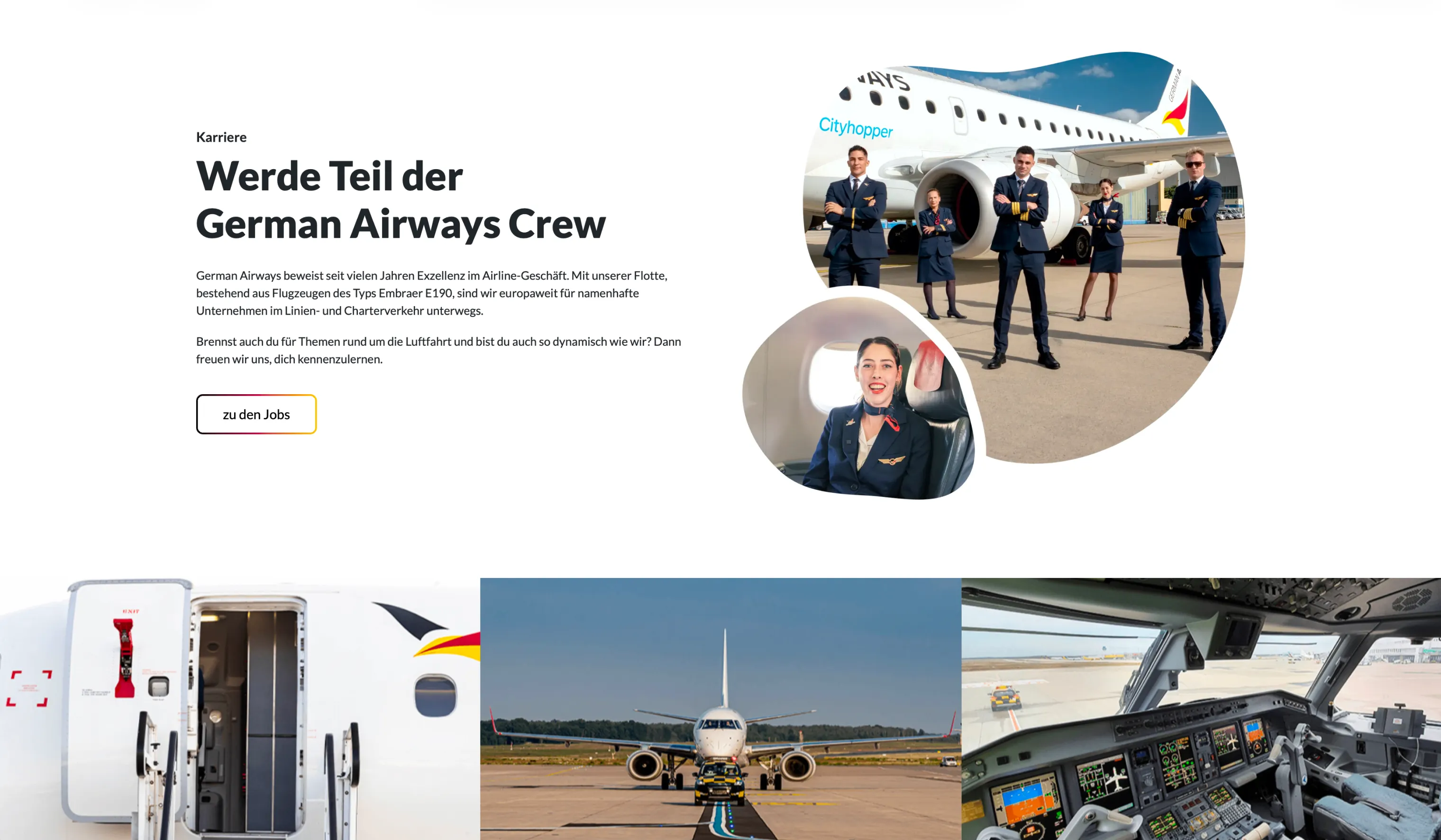 German Airways Crew posiert vor Flugzeug, Flugzeugtür offen, Cockpit und Piloten im Einsatz.