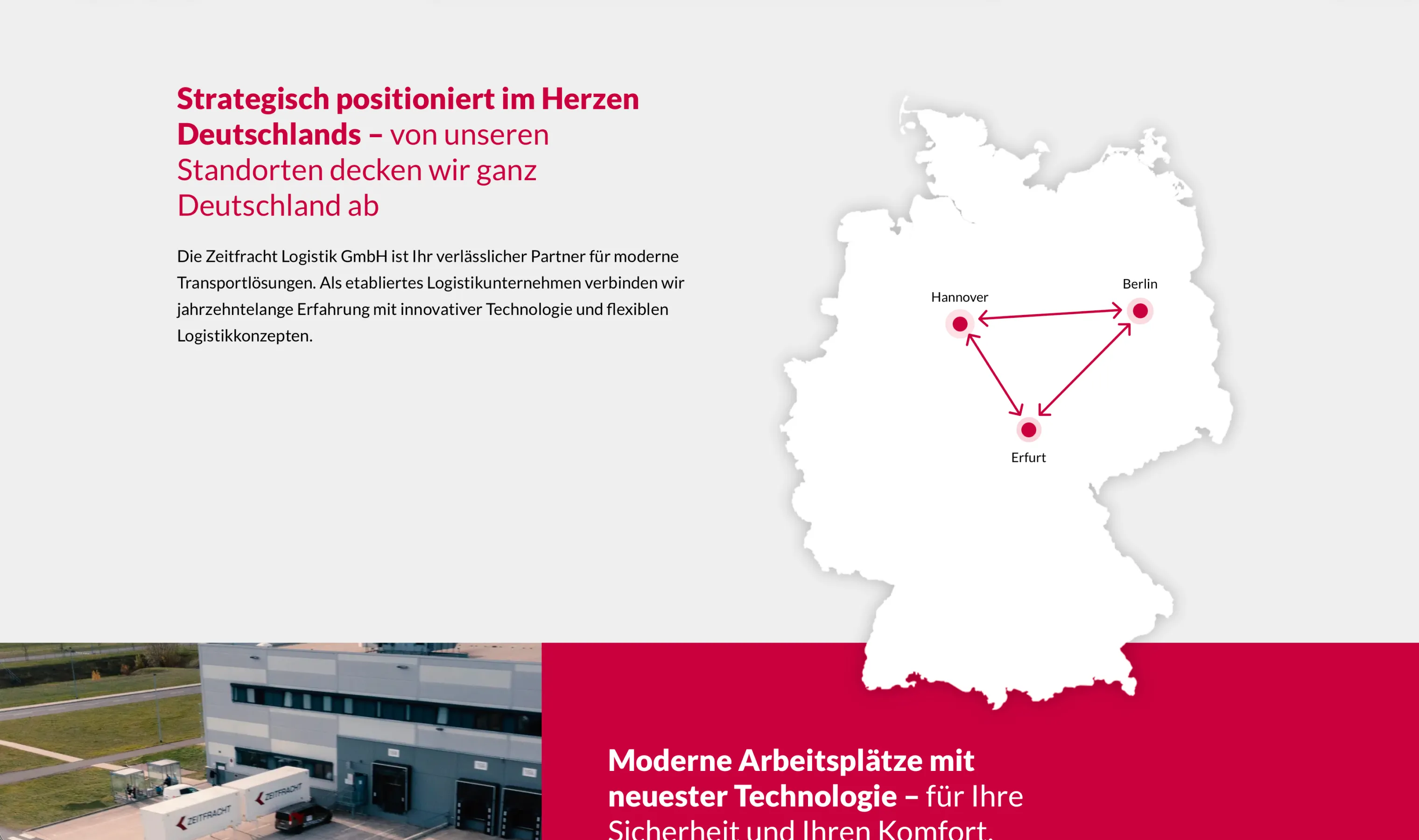 Karte von Deutschland mit Verbindungswegen zwischen Berlin, Hannover und Erfurt für Zeitfracht Logistik.