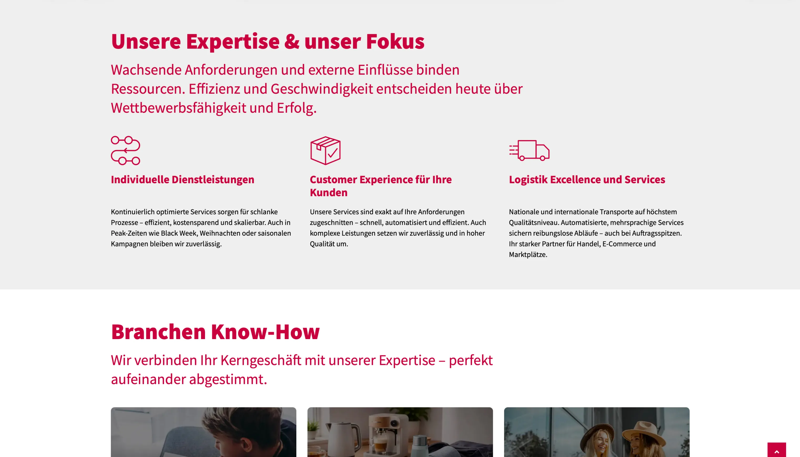 Unternehmens Webseite mit Fokus auf individuelle Dienstleistungen, Kundenerfahrung und Logistik Excellence.