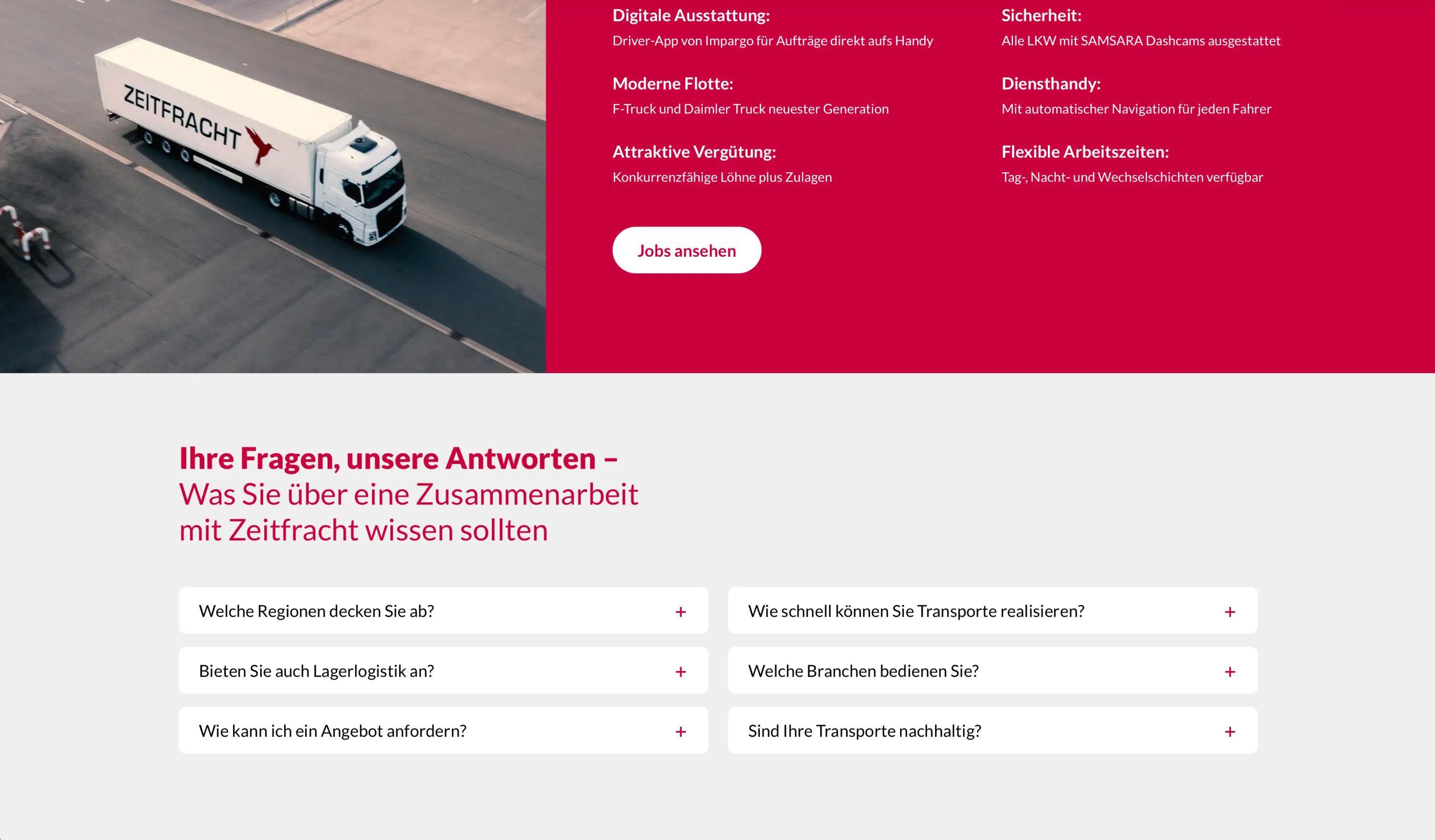 Ein weißer LKW mit Zeitfracht-Logo auf einem grauen Parkplatz neben Jobangeboten und FAQ-Text auf Rot- und Weißgrund.