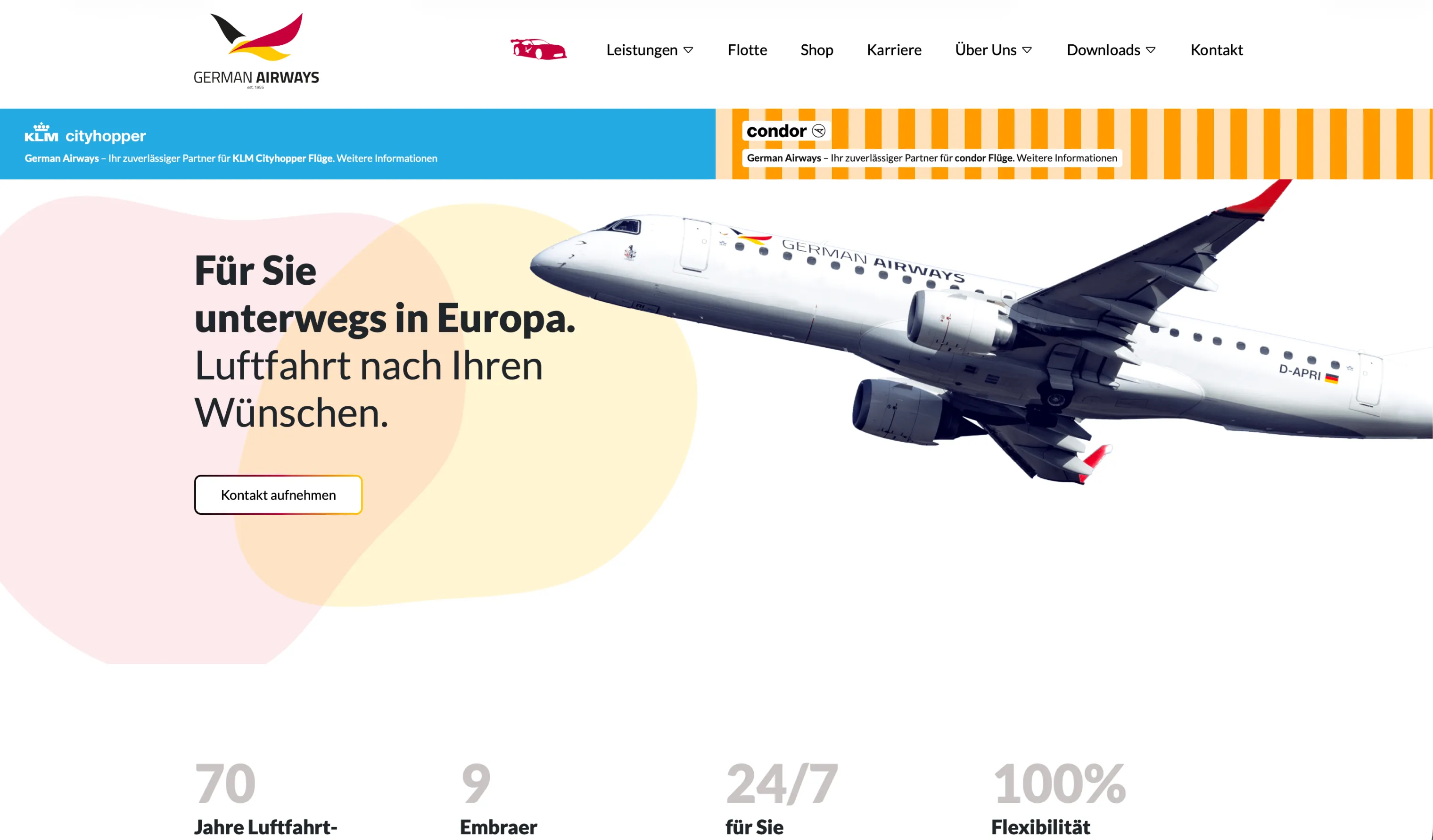 Startendes Flugzeug der German Airways mit Text "Für Sie unterwegs in Europa. Luftfahrt nach Ihren Wünschen."