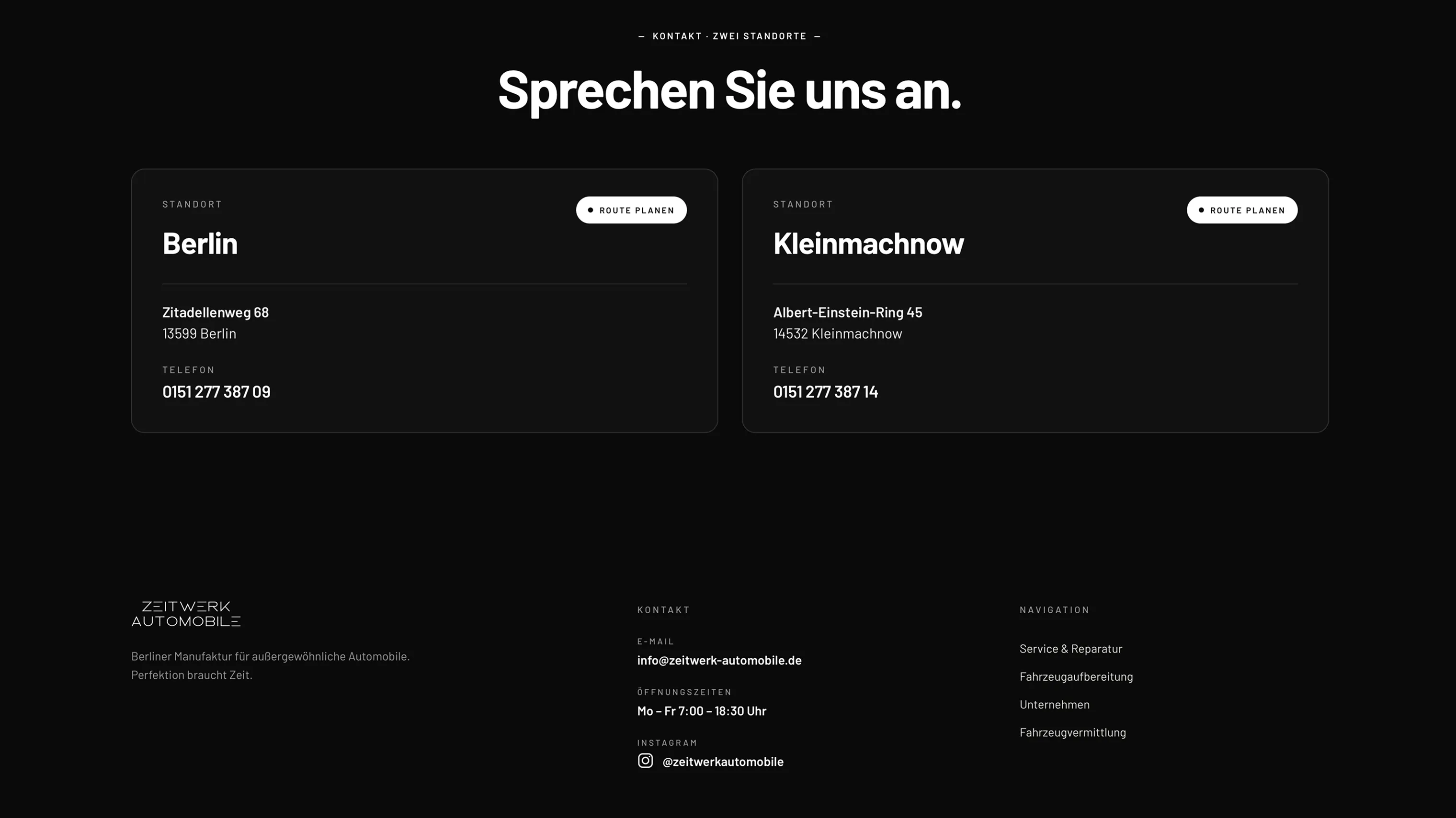 Kontaktinformationen für Standorte Berlin und Kleinmachnow mit Adressen und Telefonnummern.
