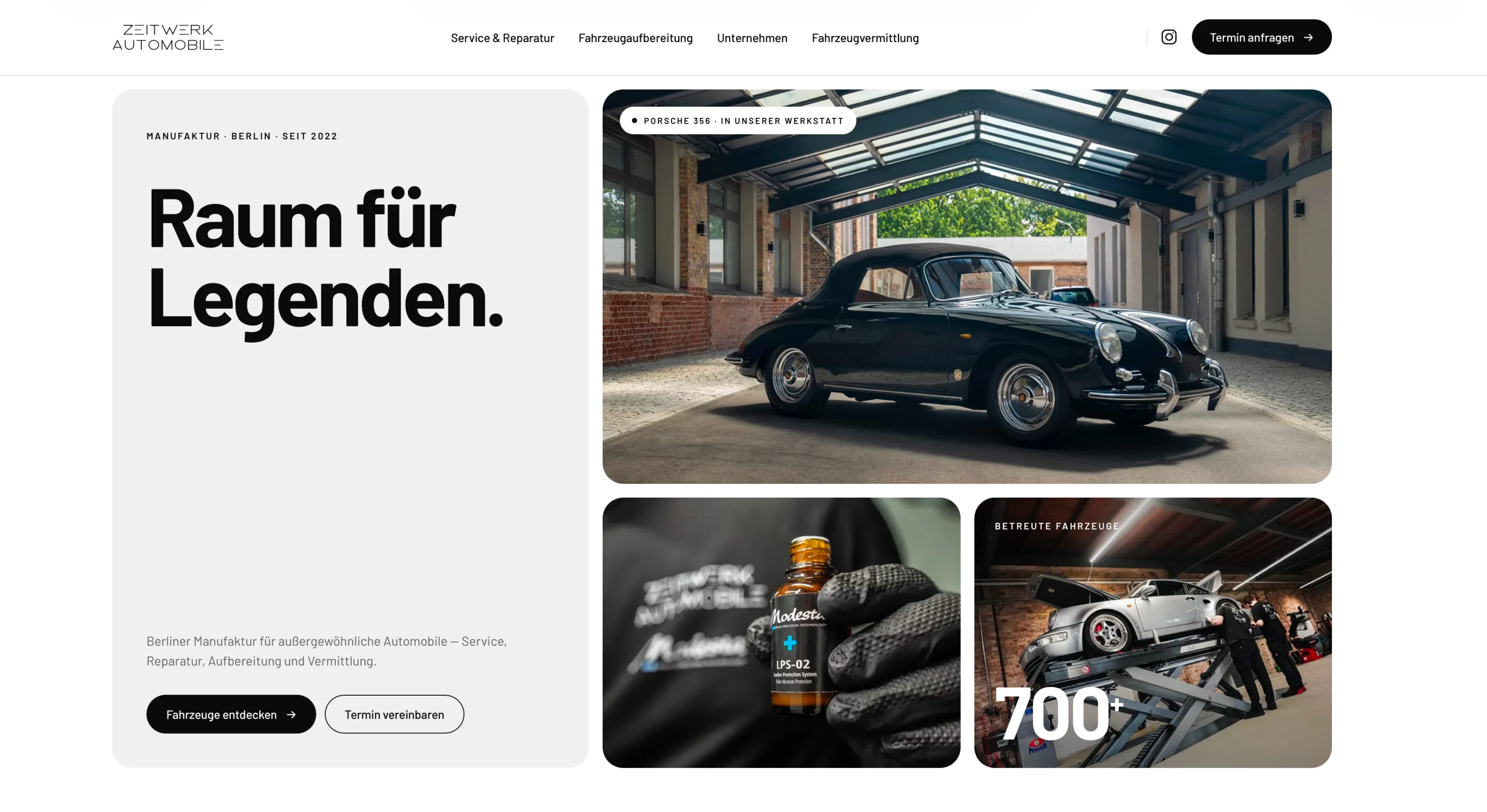 Schwarzer Porsche 356 in Werkstatt, Schutzproduktflasche und Sportwagen auf Hebebühne mit Mechanikern.