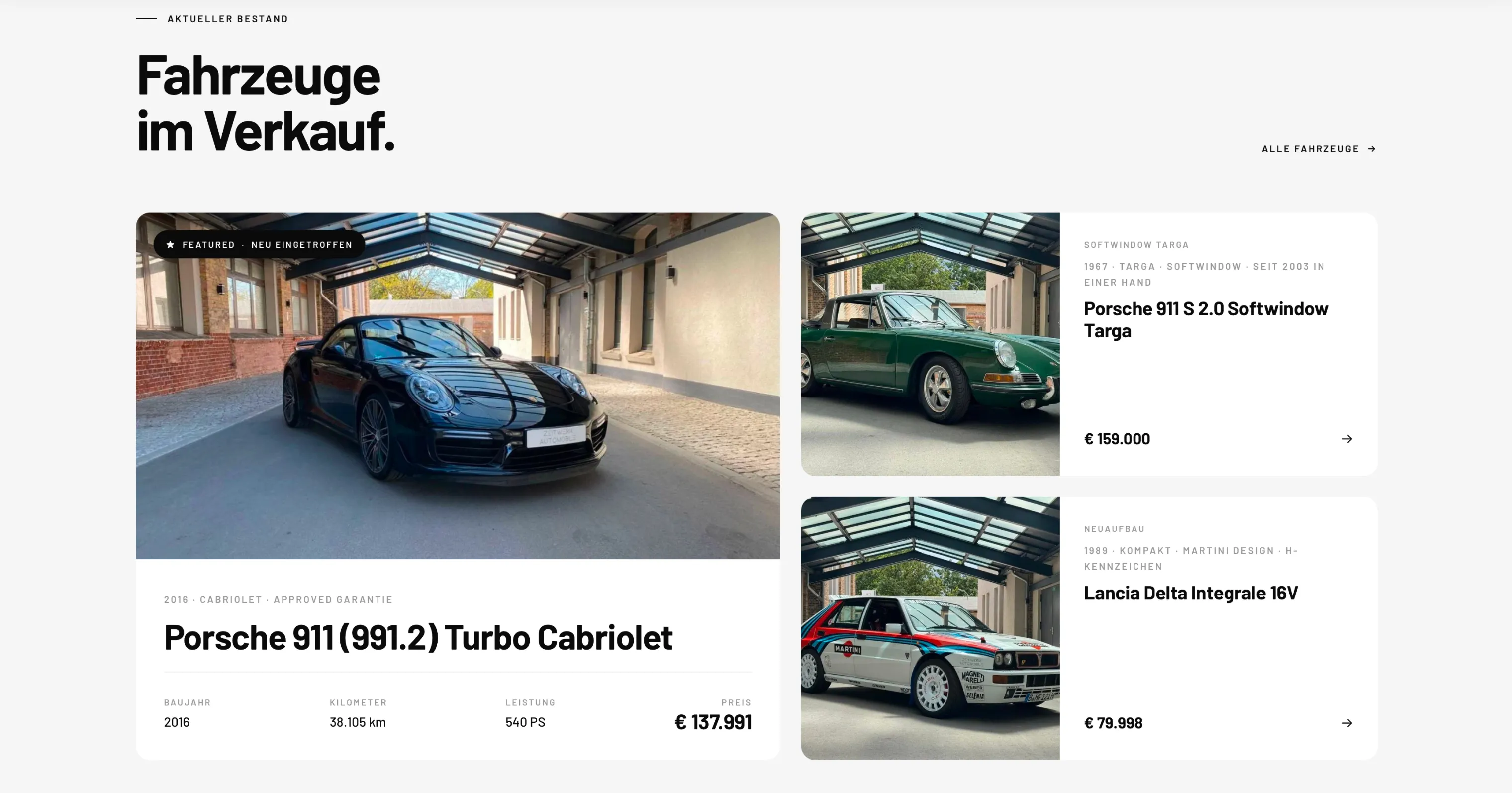 Schwarzer Porsche 911 (991.2) Turbo Cabriolet, Grüner Porsche 911 S 2.0 Softwindow Targa, Lancia Delta Integrale 16V