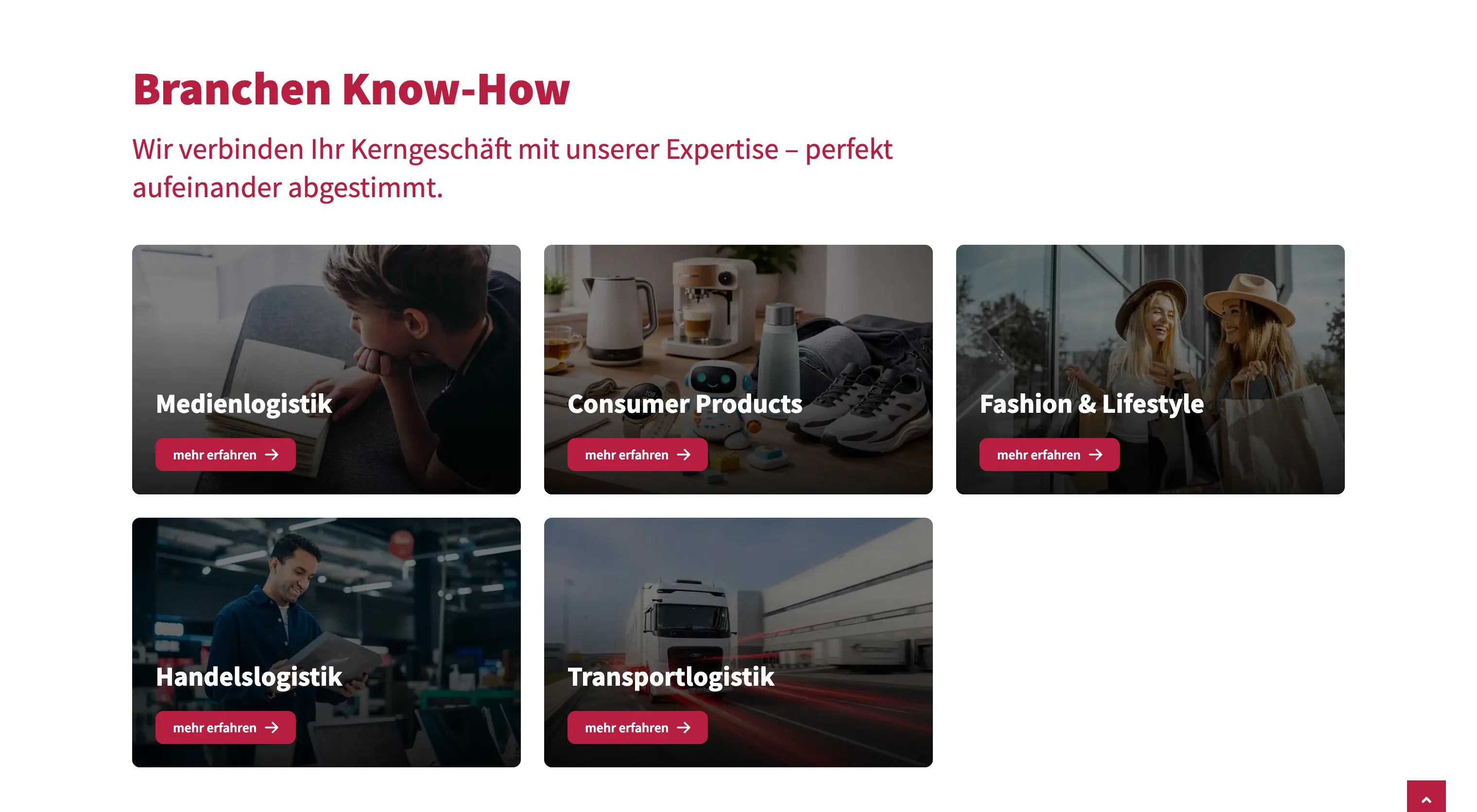 Sechs Kacheln zu Branchen Know-How: Medienlogistik, Konsumprodukte, Mode & Lifestyle, Handelslogistik, Transportlogistik.