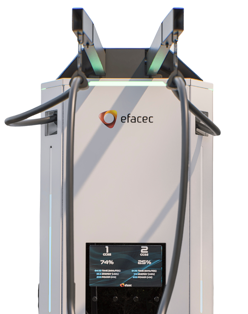 Weiße Efacec Elektroauto-Ladestation mit zwei angeschlossenen Ladekabeln, digitalem Display mit Ladeinformationen wie Zeit, Energie und Leistung.