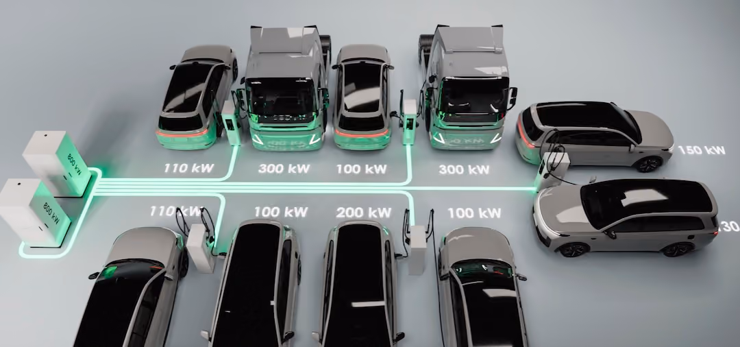 Mehrere Elektrofahrzeuge, darunter PKWs und LKWs, an Ladestationen angeschlossen, mit angezeigten Ladeleistungen von 30 kW bis 300 kW, verbunden durch leuchtende grüne Leitungen zu zwei 800 kW Ladestationen.