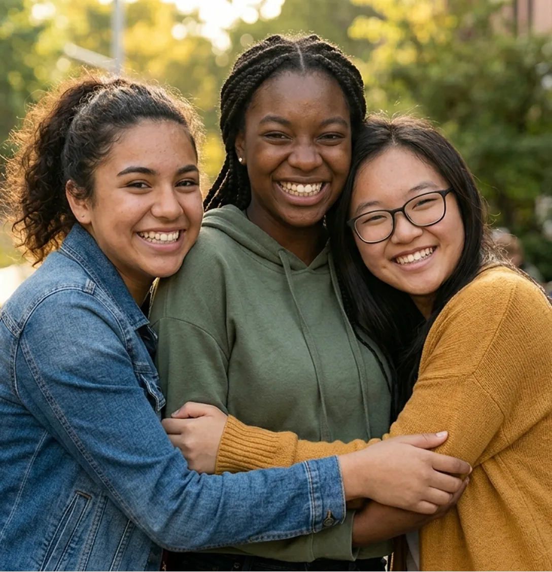 Three young women smiling and hugging outdoors with sunlight and greenery in the background.