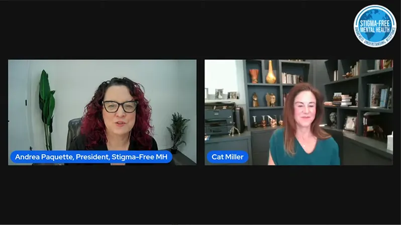 Two women in a virtual video call: Andrea Paquette on left, Cat Miller on right with bookshelves behind.