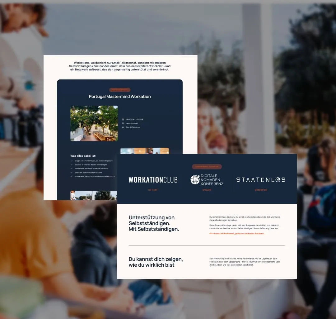 Komposition aus zwei Website-Ausschnitten der Workation-Plattform für Selbstständige vor dunklem Hintergrund