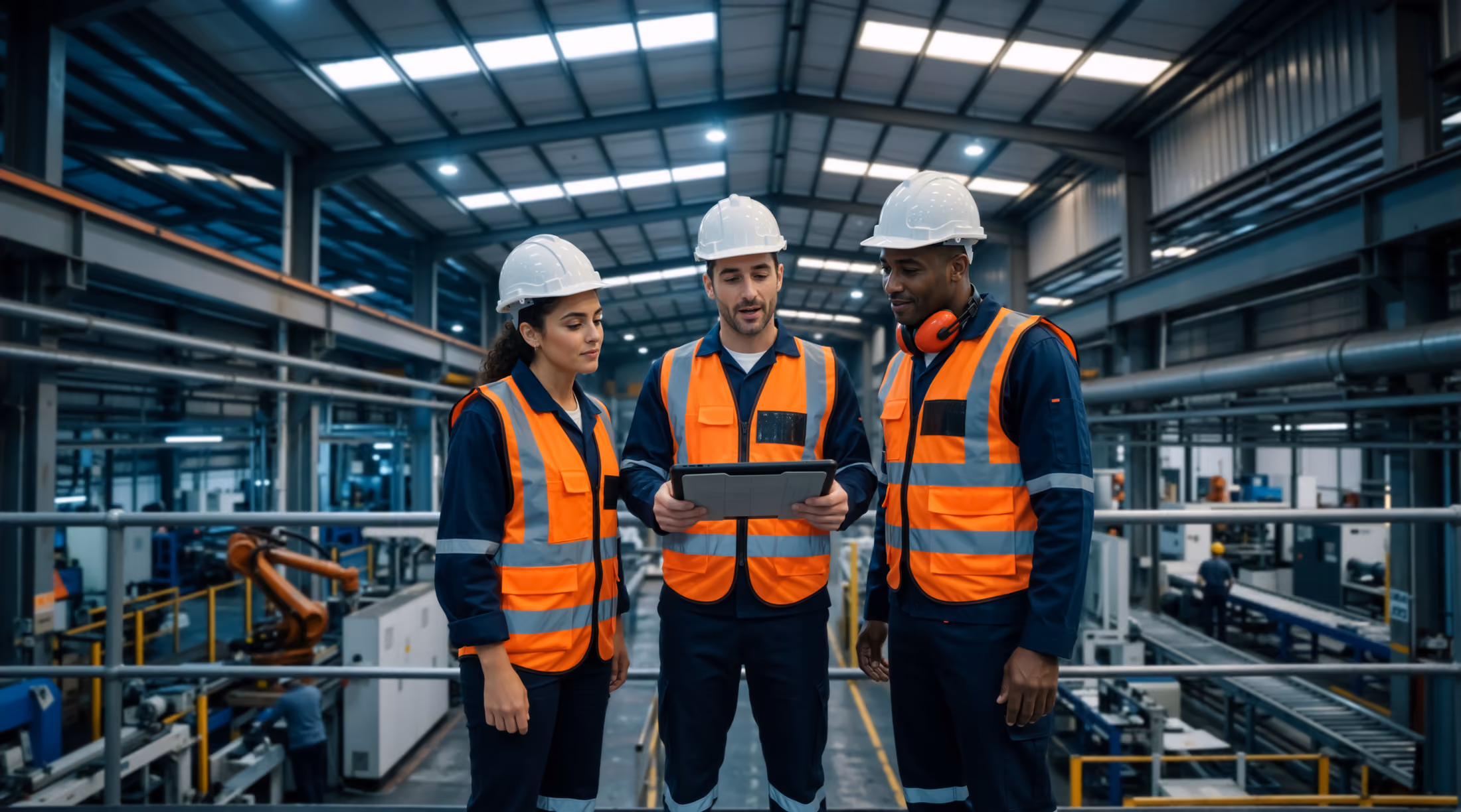 Drei Industriearbeiter in orangenen Sicherheitswesten und weißen Helmen stehen in einer Fabrikhalle und schauen gemeinsam auf ein Tablet.