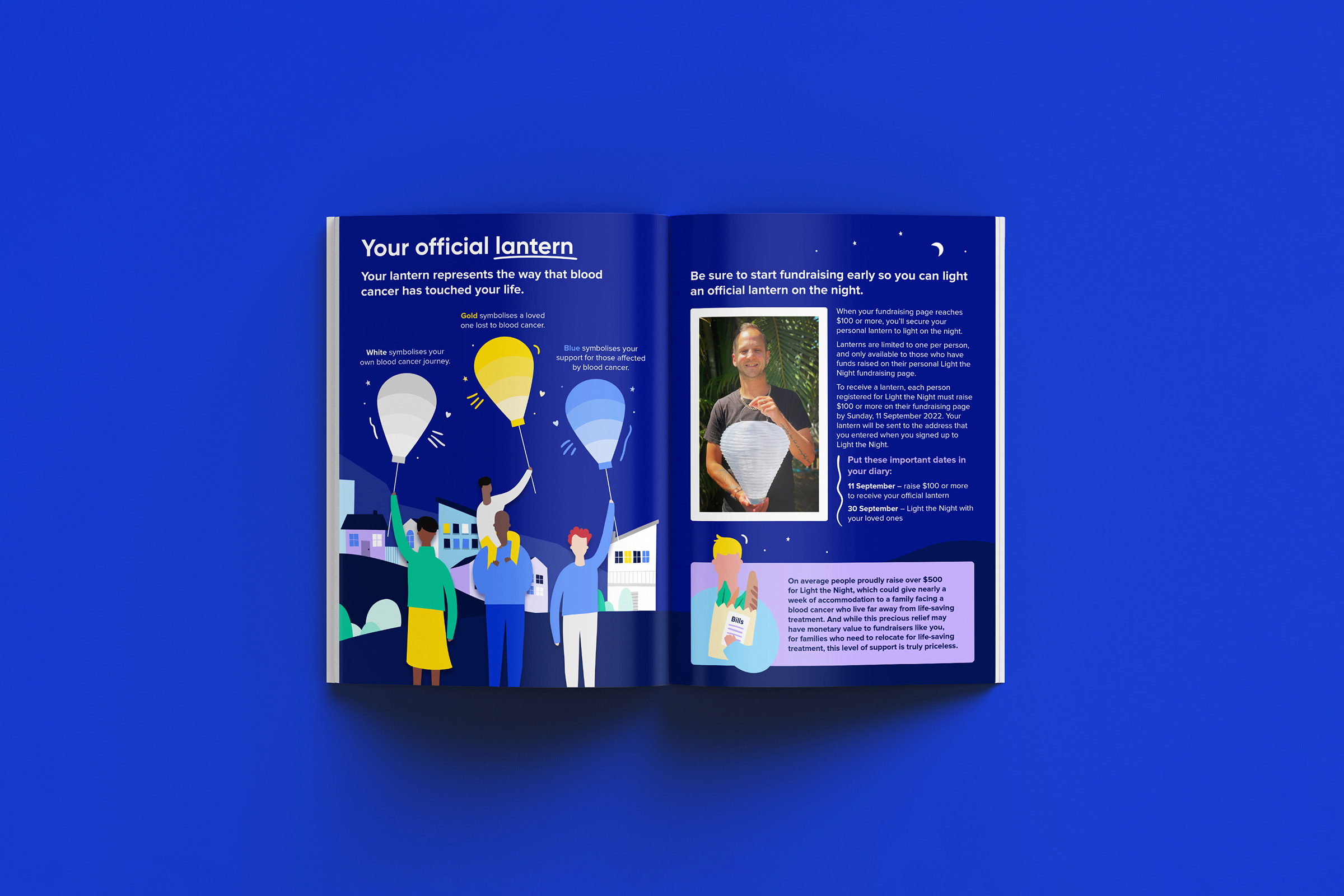 Light the Night campaign artwork showing the illustrated character and landscape pairing for Leukaemia Foundation