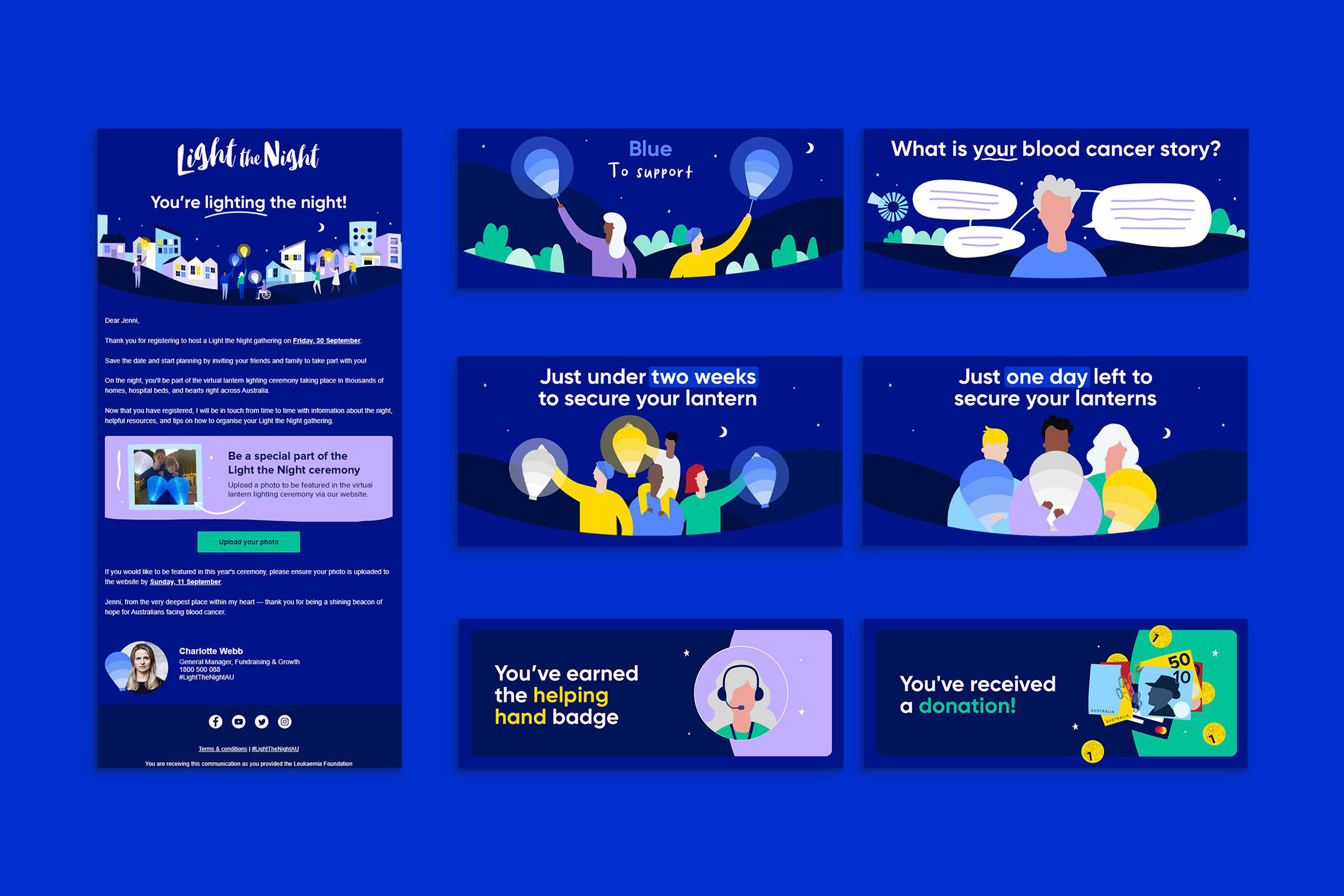 Light the Night campaign illustration applied across Leukaemia Foundation's digital brand guidelines