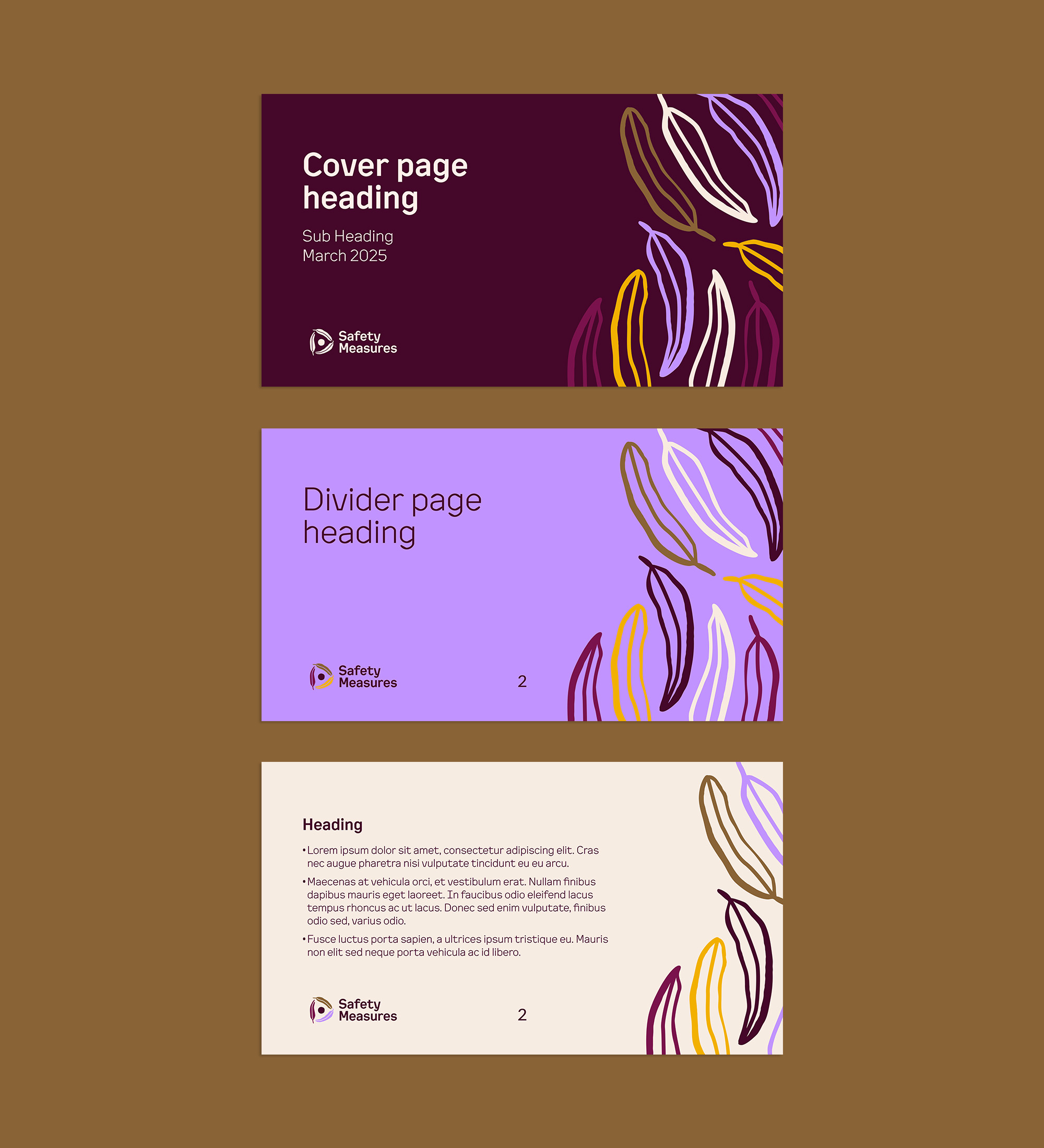 Safety Measures brand identity showing the organic, illustrative visual style