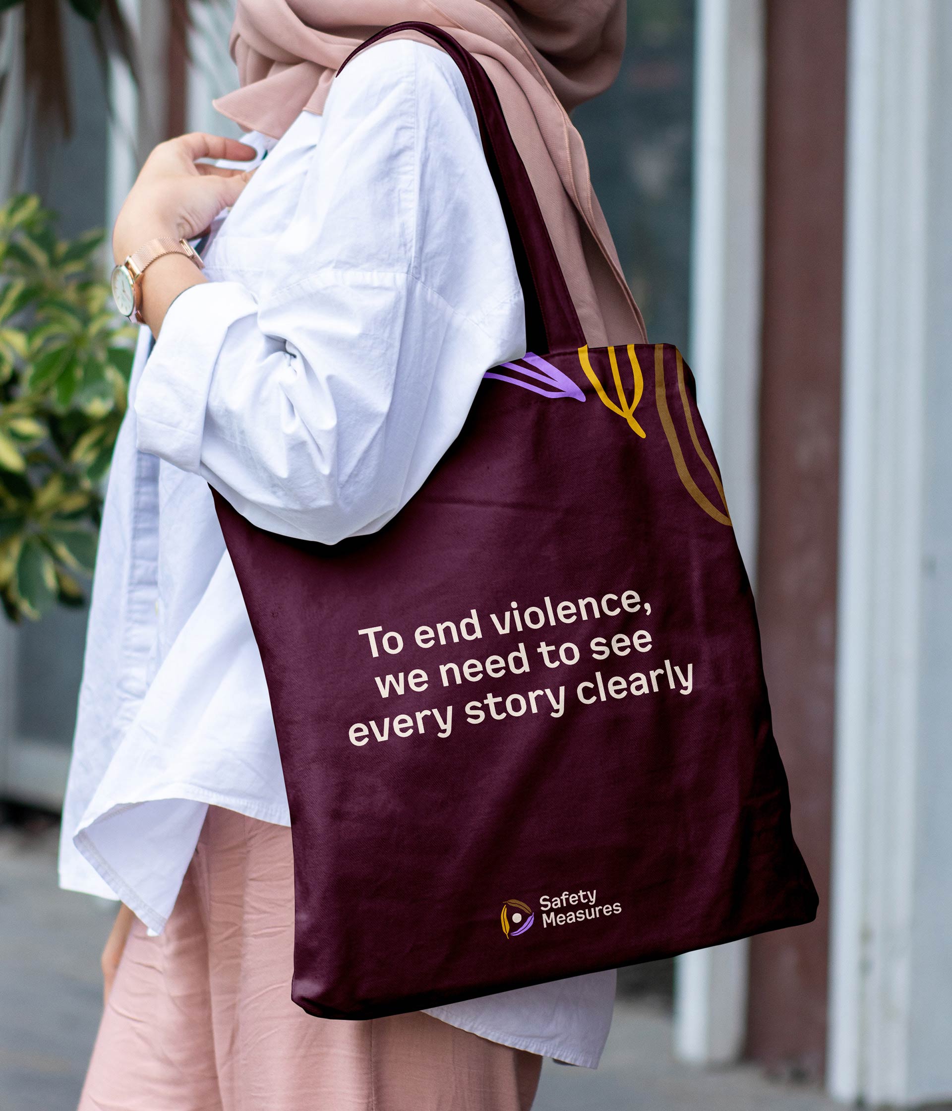 The Safety Measures brand applied to a tote bag