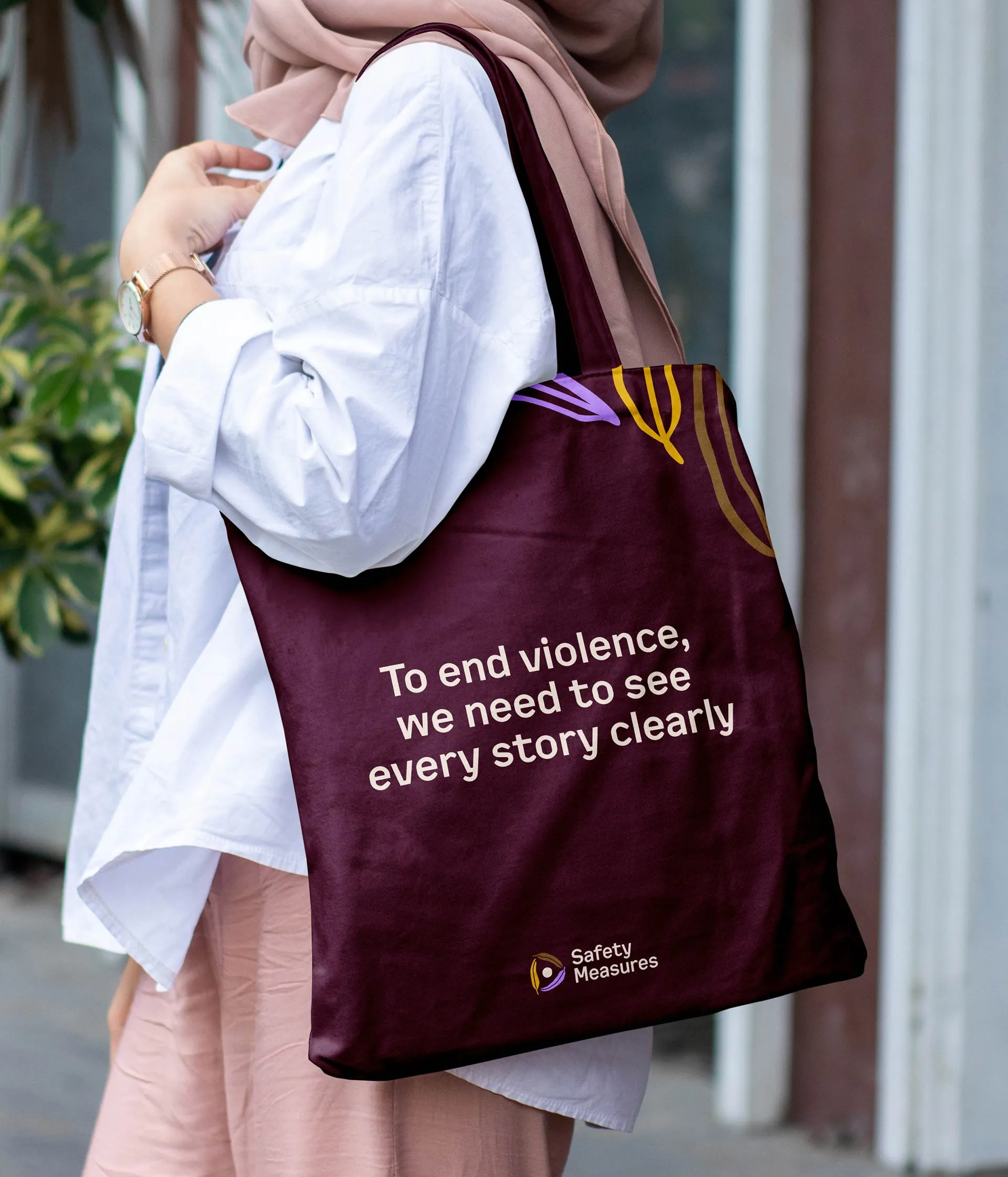 The Safety Measures brand applied to a tote bag