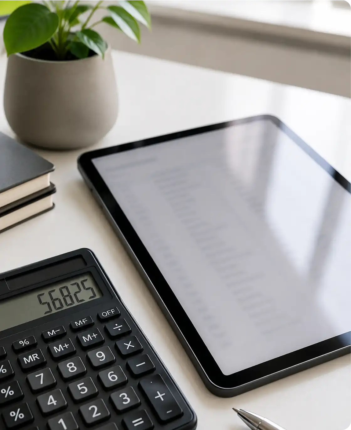 Taschenrechner und Tablet für die digitale Finanzbuchhaltung