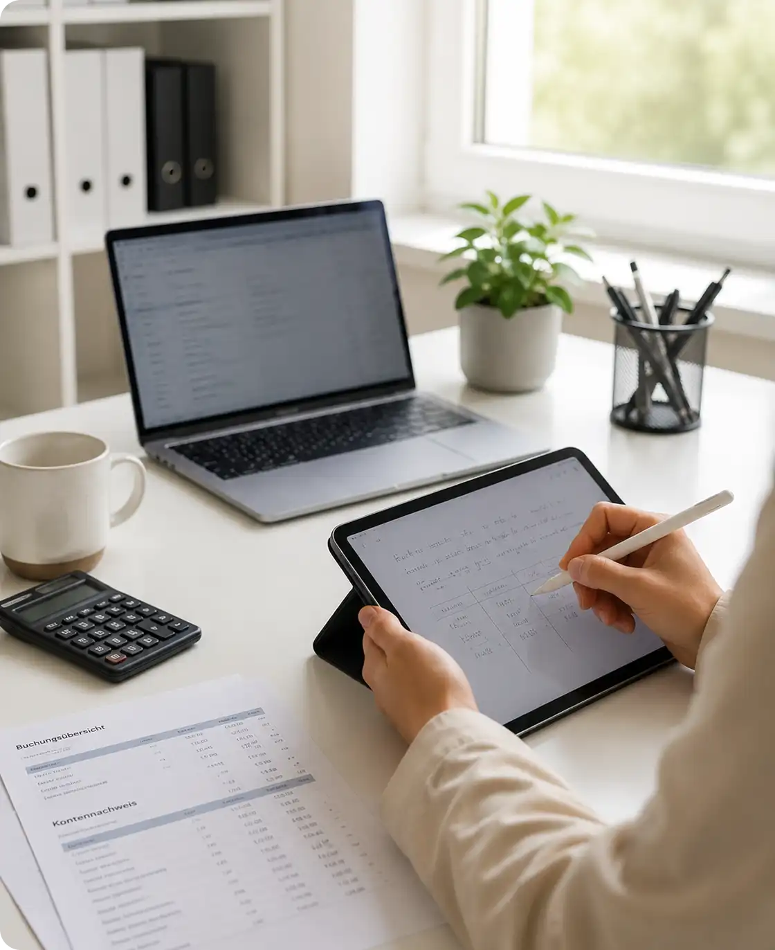 Digitale Lohnbuchhaltung mit Laptop, Tablet und Abrechnungsunterlagen