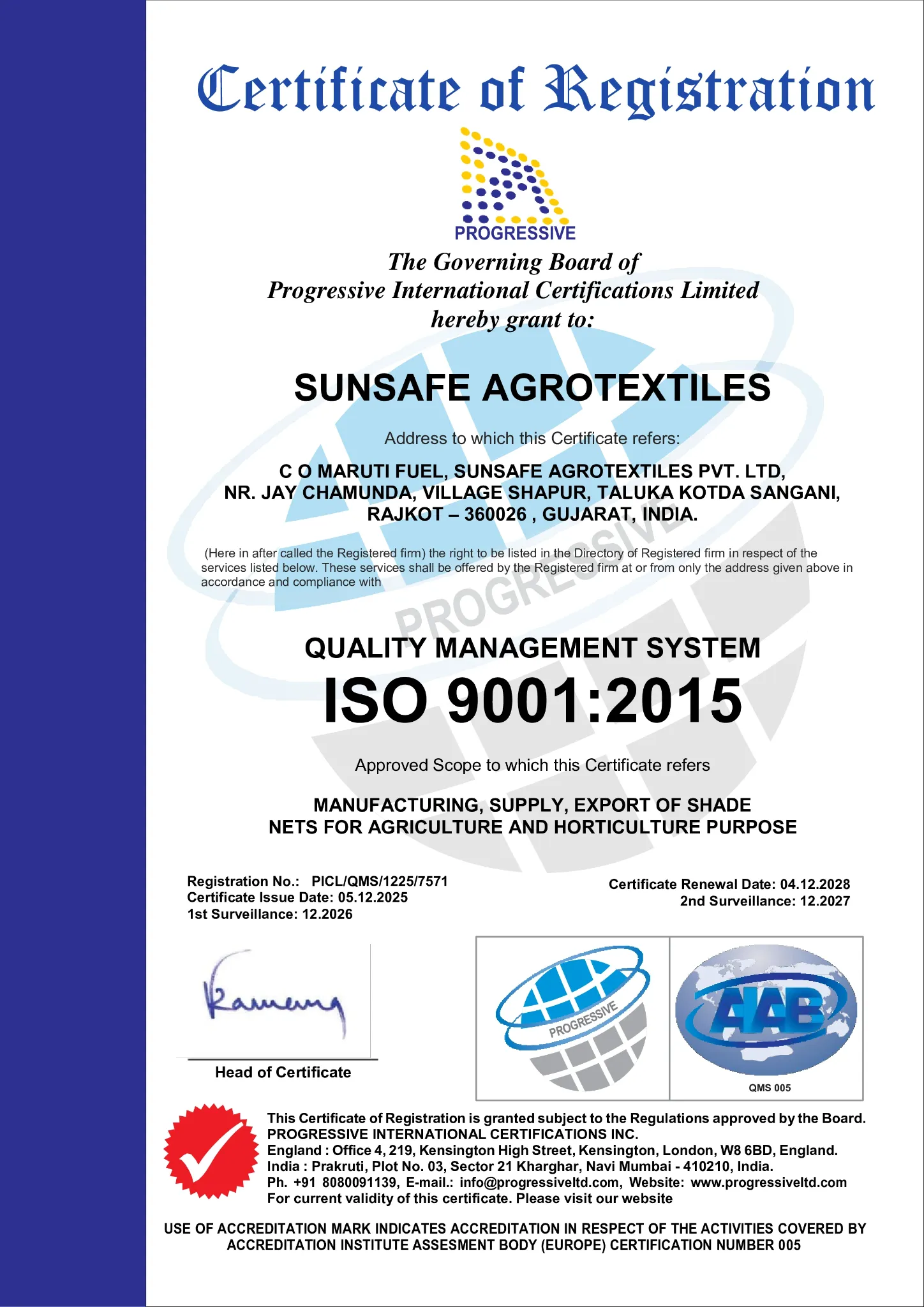 Sunsafe Agrotextiles ISO 9001:2015 Quality Management System certificate