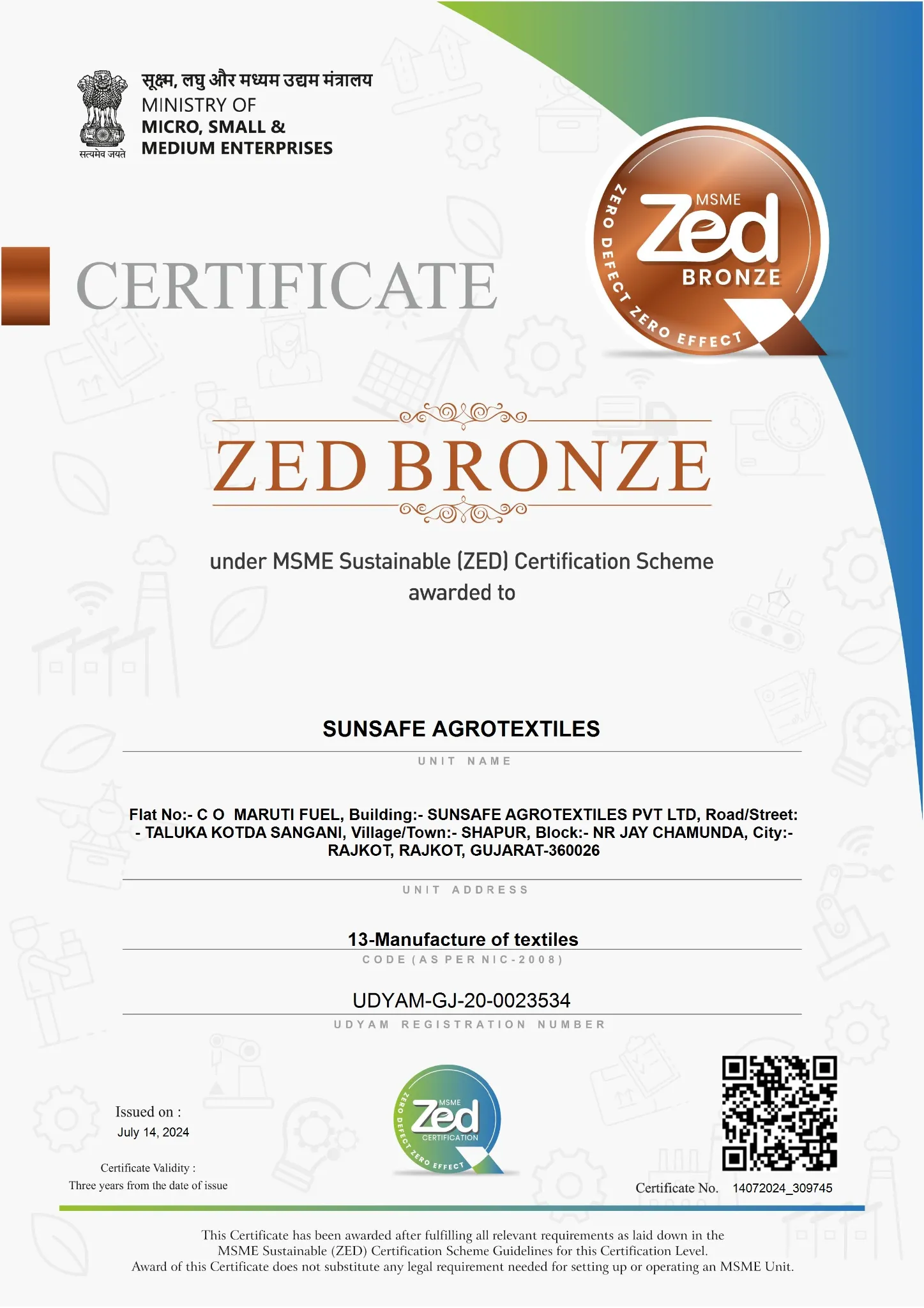 Sunsafe Agrotextiles MSME ZED Bronze certificate