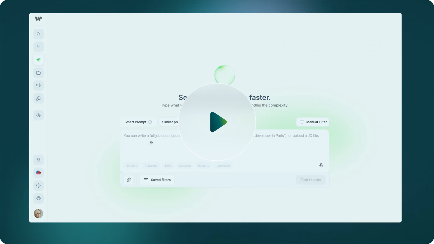 A software interface screen with a central play button overlay, featuring a clean design with a side menu of icons on the left, and text prompting the user to type a job description for faster search, with options for smart prompt and manual filter visible.
