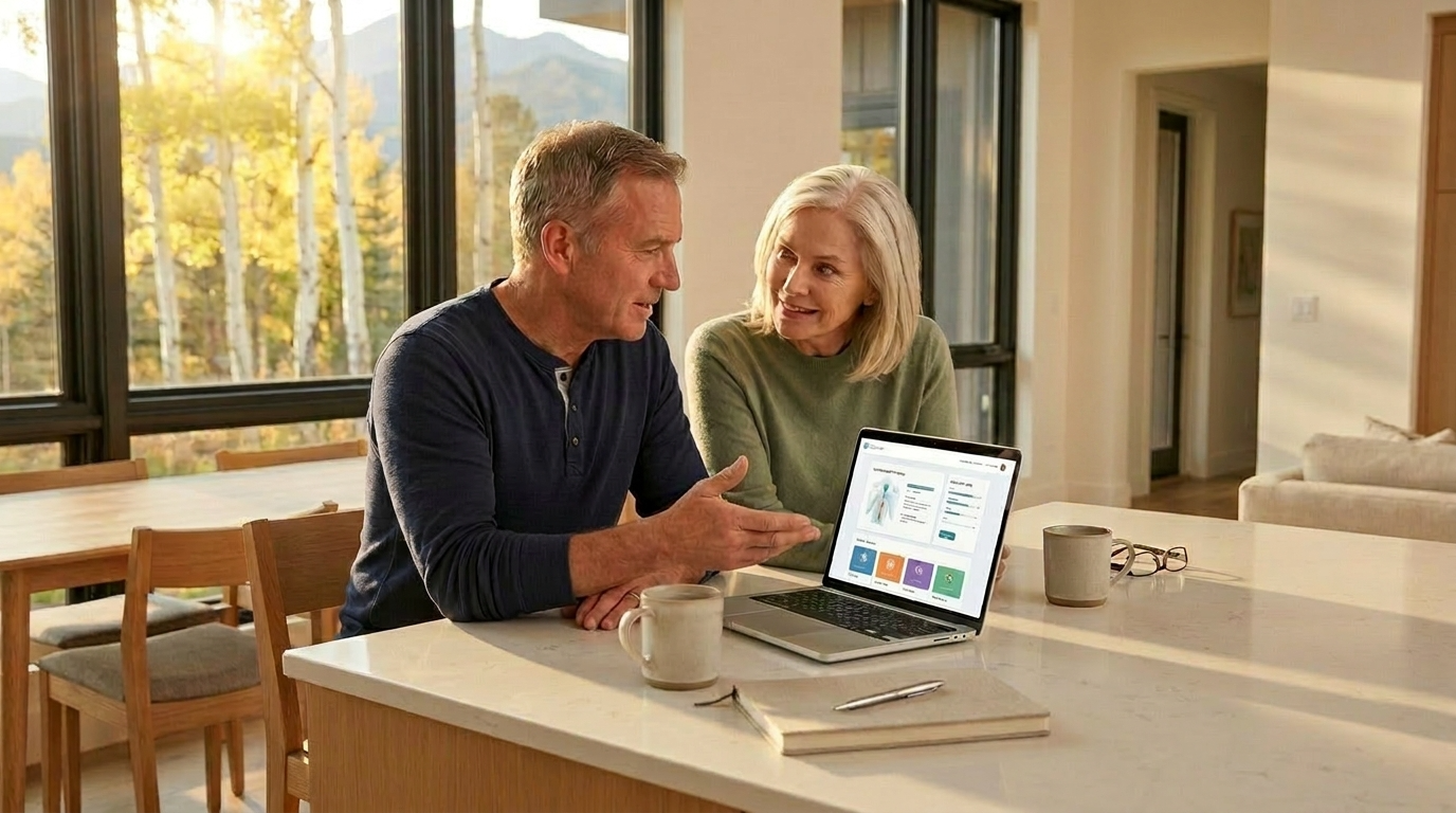 Couple sitting at a kitchen counter looking at a laptop screen