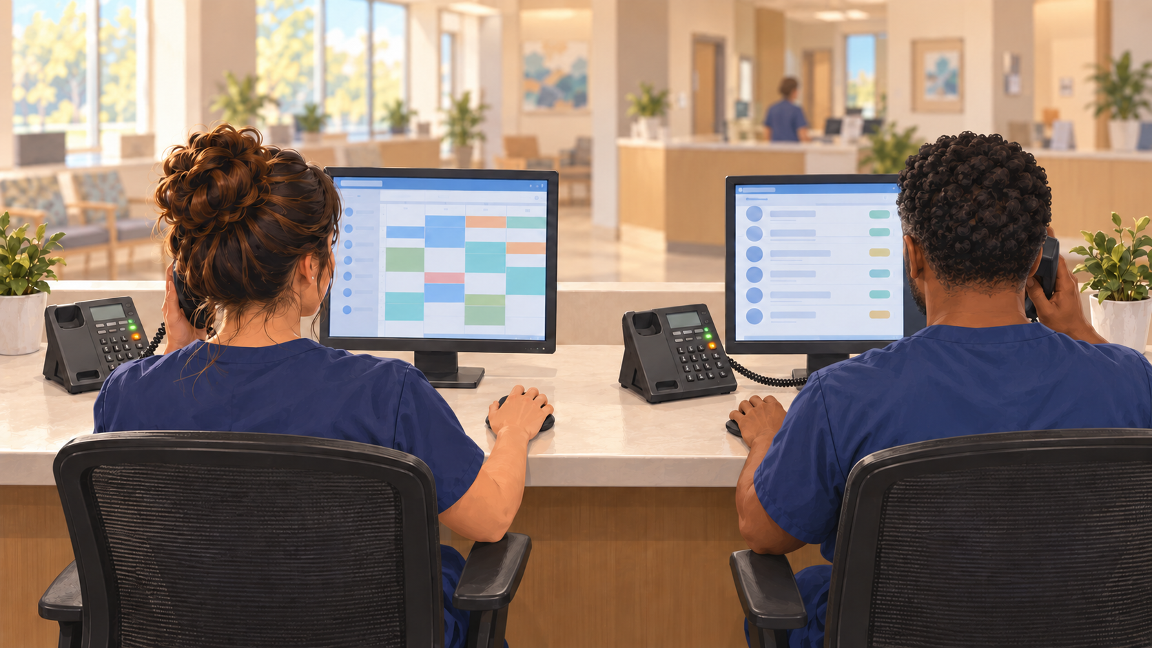 Two medical office staff looking at computers while on the telephone.