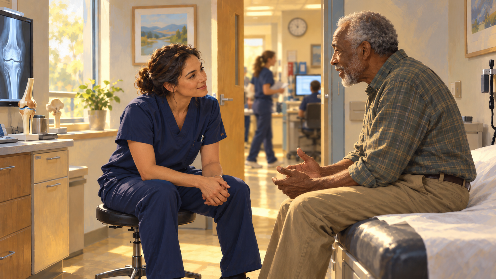 A doctor talkng to a patient in the exam room.