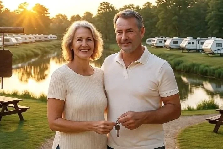 Smiling owners handing over keys at a riverside campground at sunset