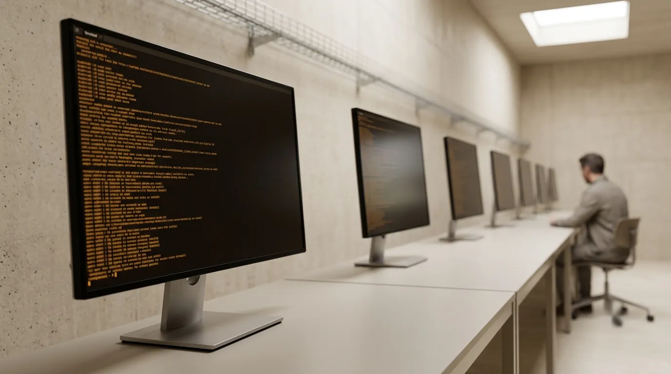 Nahaufnahme eines Terminals mit laufendem Code in der Factory-Reihe