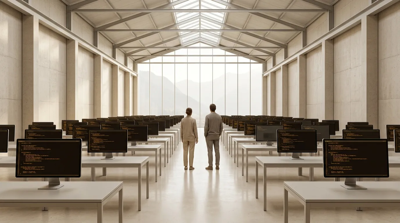 AI Code Factory: symmetrische Halle mit Reihen dunkler Terminal-Monitore, eine Frau und ein Mann im Mittelgang mit Blick auf die Berge