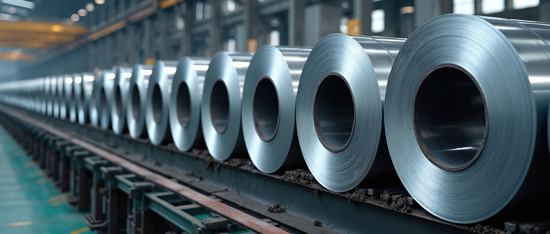 Multiple large steel coils lined up on a conveyor in an industrial factory setting.