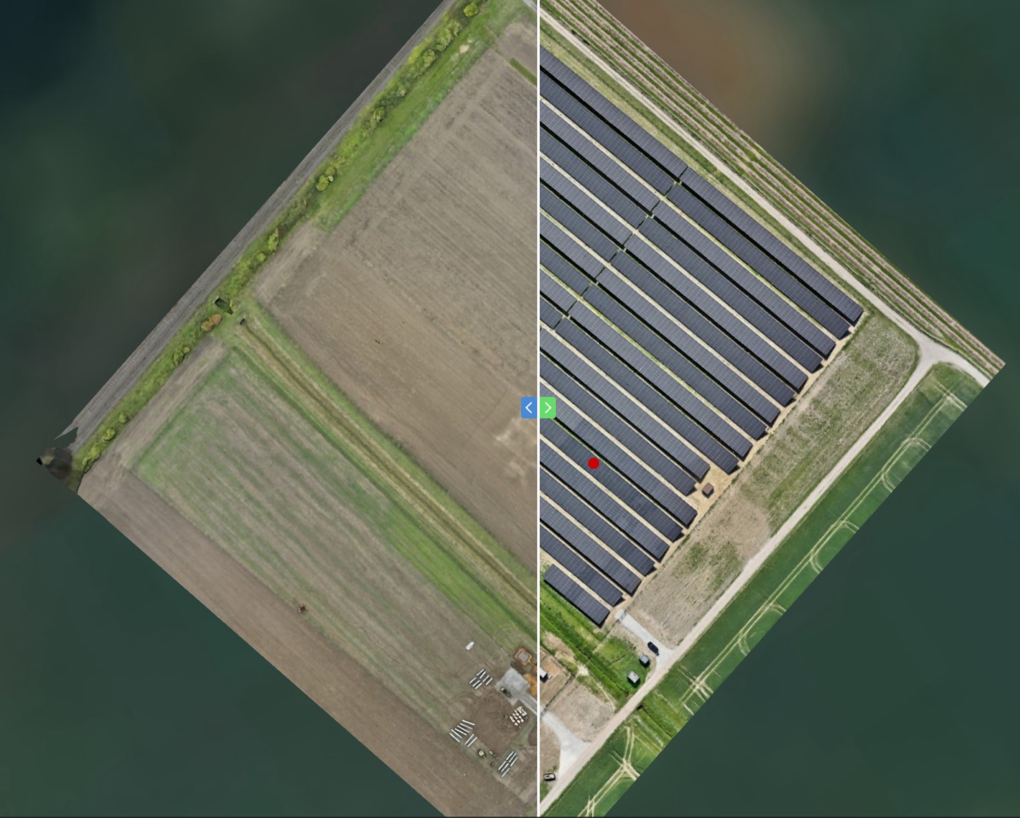 Vorher-Nachher-Vergleich zweier Bauzustände des Bürgersolarparks Möhler als Orthofoto
