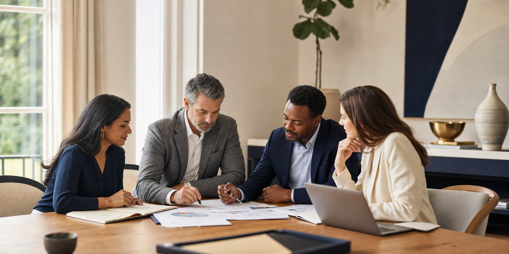 Three business professionals reviewing a printed report together during a strategy meeting.