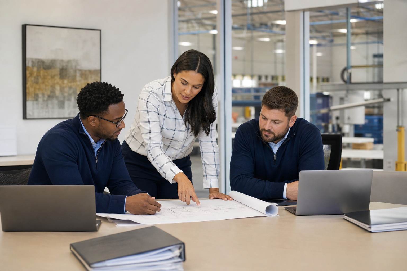 Three business professionals reviewing a printed report together during a strategy meeting.