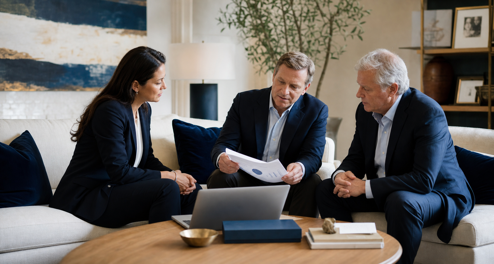 Three business professionals reviewing a printed report together during a strategy meeting.